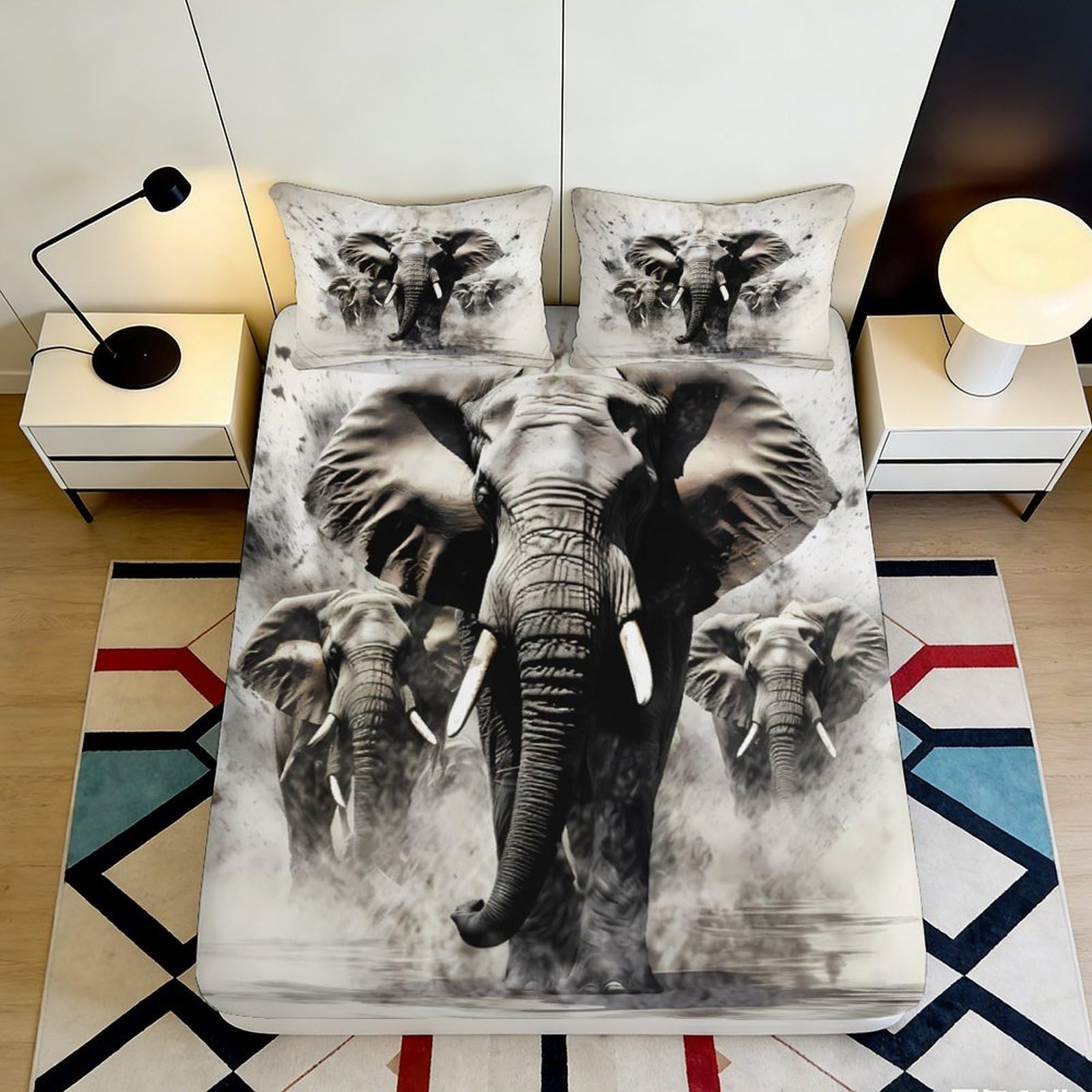 Pnayamiorkfel Style-4 3D Printed Elephant Herd Fitted Sheet Microfiber Grey Animal Pattern Mattress Cover Non-Slip Washable Bedroom Decor 90X200x25cm