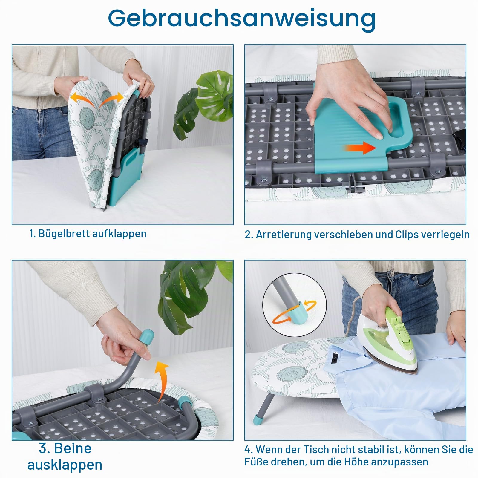 AiQInu Klappbares Tisch-Bügelbrett, Platzsparender Faltbarer Bügeltisch, Tischbügelbrett mit 2 hitzebeständigen Bügelabdeckungen, Gummifüßen und hochwertigem Bezug, 31 * 82cm