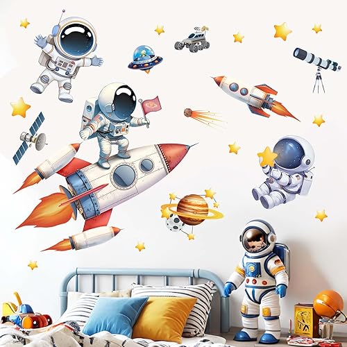 Calcomanías de pared de astronauta, planetas del espacio exterior, cohete para niños, decoración de pared para habitación de niños, guardería, sala