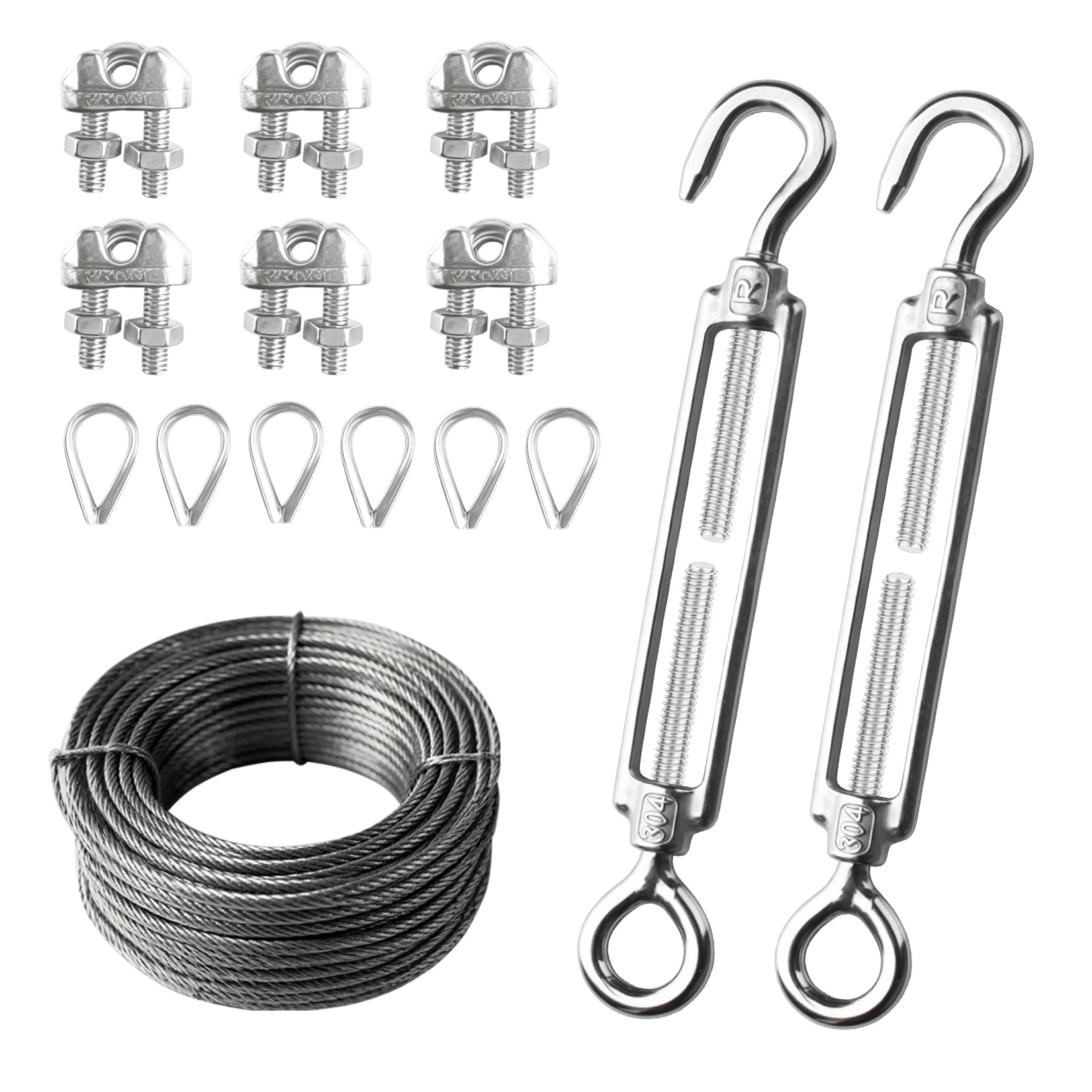 2er Set M6 Spannschloss 304 Edelstahl, Drahtseilspanner-Set mit 6 Klemmen, 6 Seilspannern, 10m Stahlseil & Presshülse für Zaun, Wäscheleine, Sonnensegel & Rankhilfe