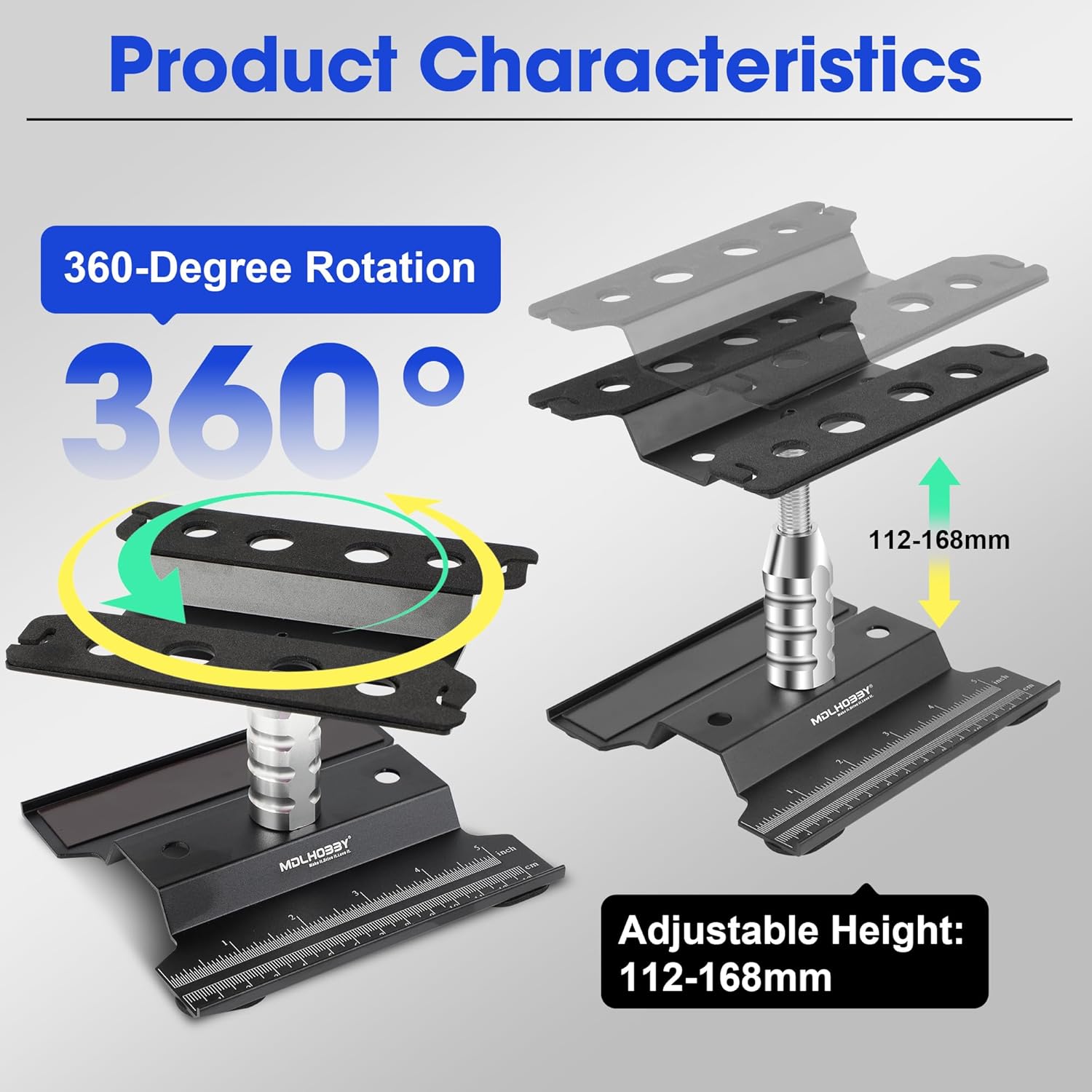 Aluminum RC Car Work Stand with 360°Rotation Lift & Screw Tray, Repair Workstation for 1/10 1/12 1/16 Scale Crawler Monster Truck Buggy, Compatible with RC Accessories (Black)
