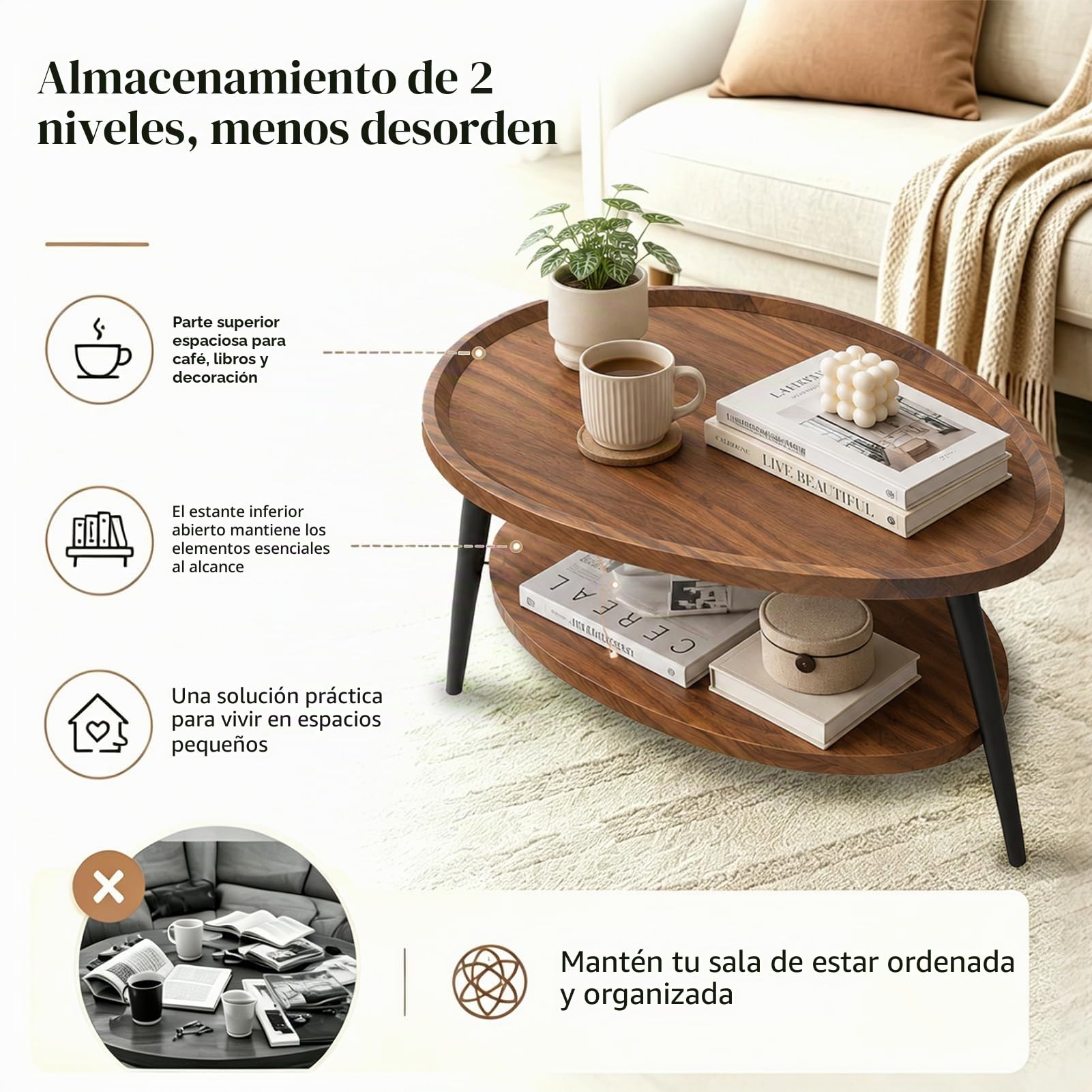 Mesa Centro Ovalada, Mesa De Centro Redonda De 2 Niveles, Mesas Auxiliares En Forma De Gota, Mesa Centro Salon Con Efecto MáRmol, Mesa De Sofá, Para SalóN, Hogar, Oficina 100*55*38cm (Noce)