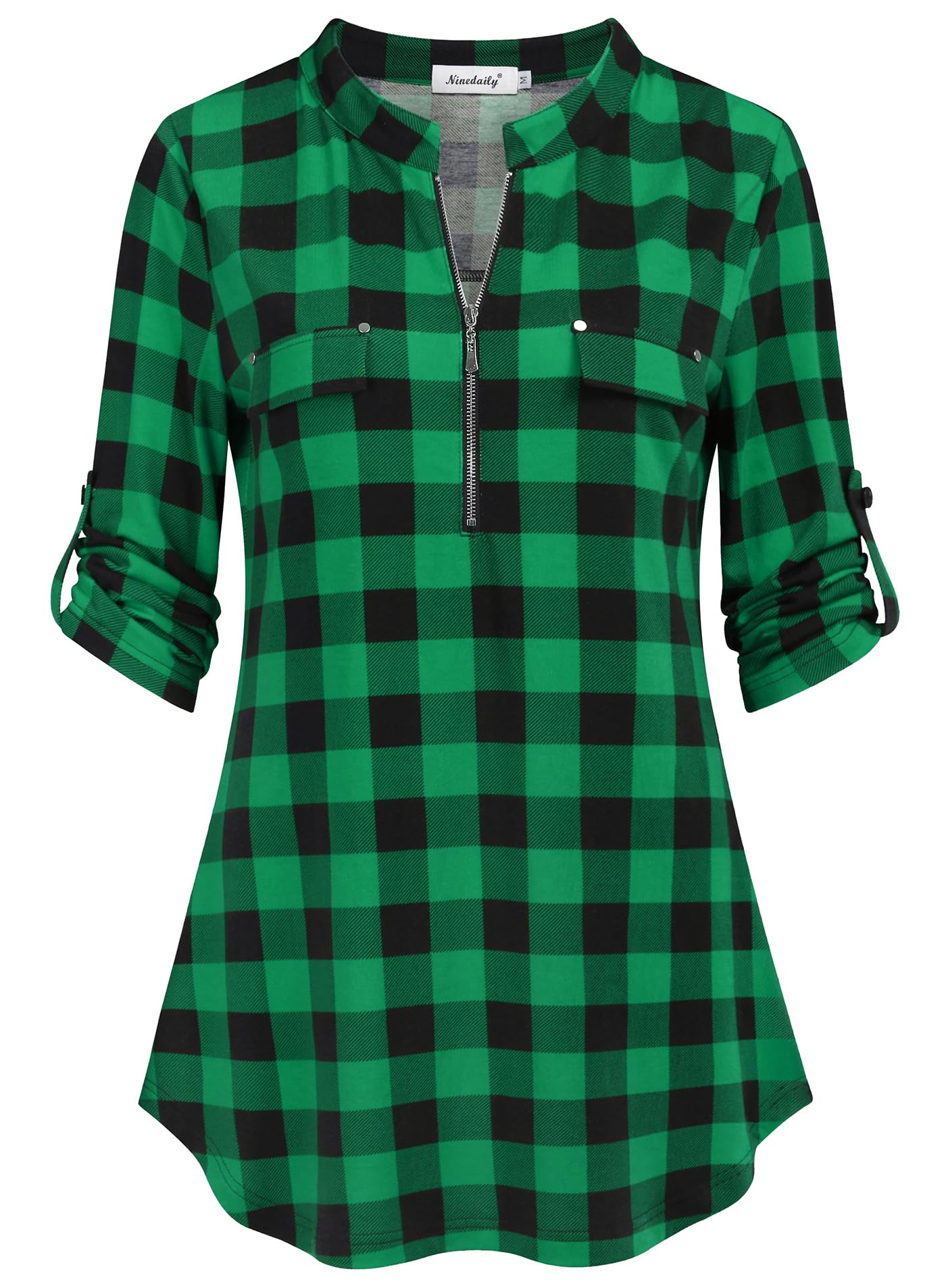 Ninedaily Women's 3/4 Sleeve Plaid Shirts Zip Floral Casual Tunic Blouse Tops: Small Black Green Plaid