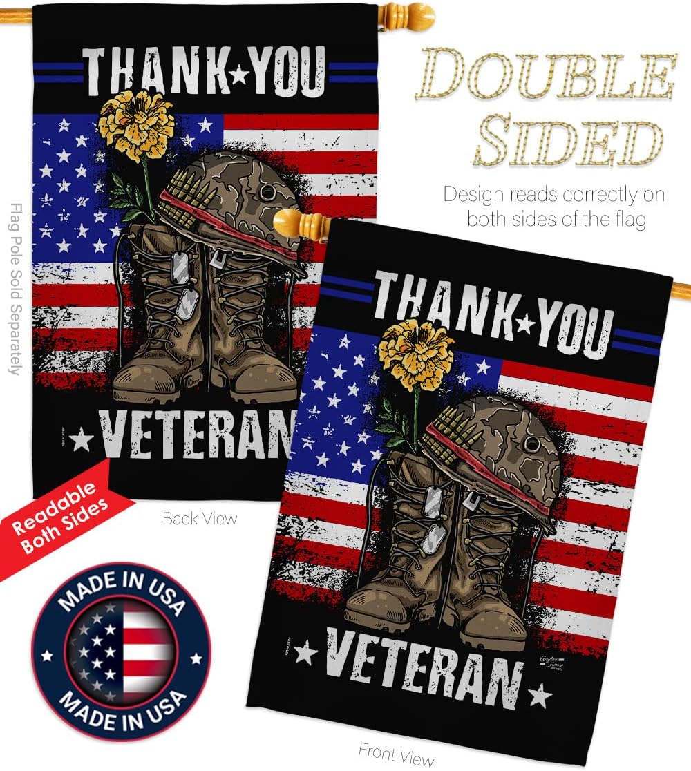 Thank You Veteran House Flag - 2 pcs Pack Armed Forces Service All Branches Support Honor United State American Military Official - Banner Small Garden Yard Gift Double-Sided Made in USA 28 X 40