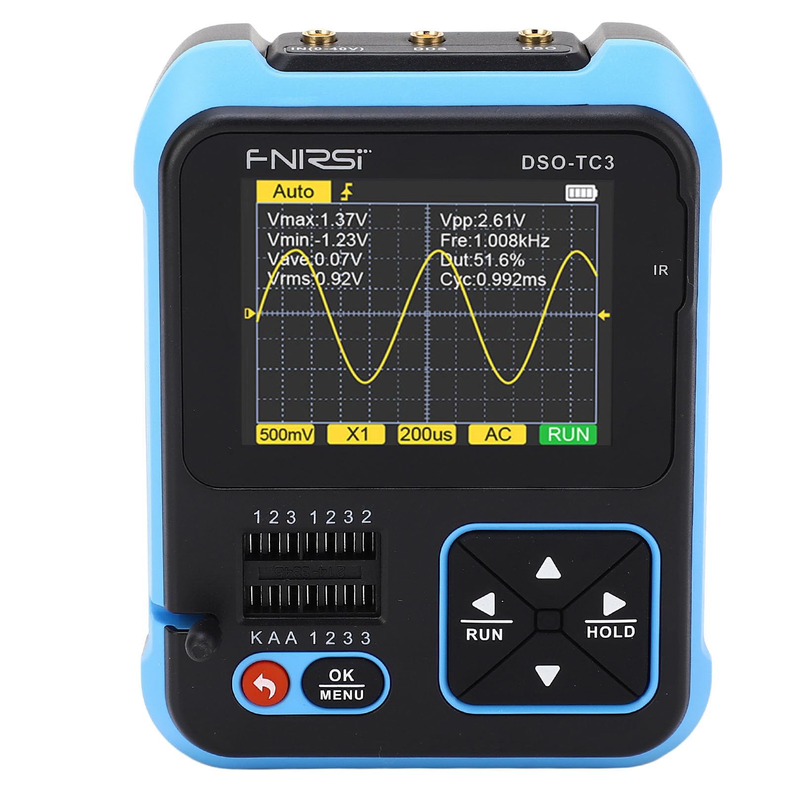 Osciloscopio Digital Dso Oscilloskop 500khz,Dso TC3 TC3 3 en 1 Osciloscopio de Almacenamiento Portátil Probador de Transistores Tabla para Pruebas de Capacitancia y (Configuración alta)