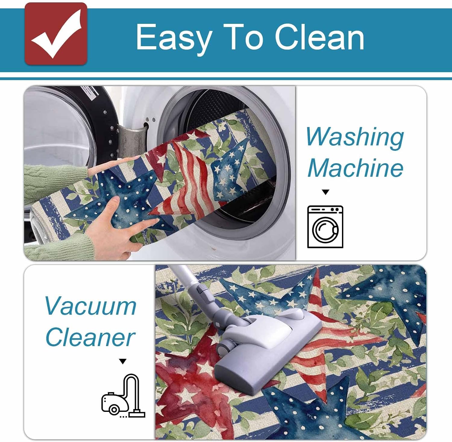 Independence Day Star Kitchen Mat Set 2 Pieces Red Blue American Flag Leaf Flower Blue Stripe Non Slip Kitchen Rugs Washable Runner Rug Mats for Sink Laundry (23.6" x 35.4"+23.6" x 70.9")