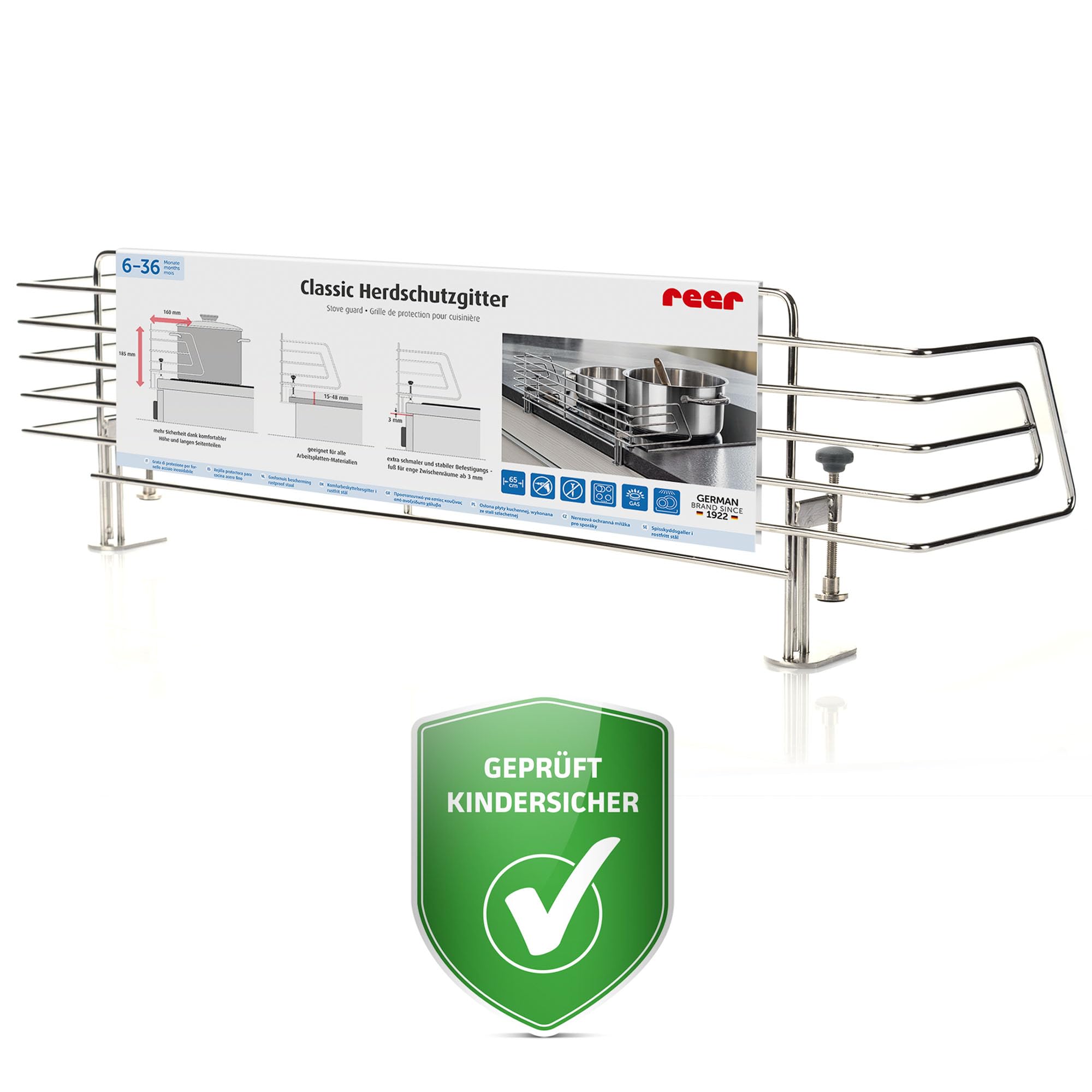 Reer Griglia di protezione per piano cottura Classic da morsetto, in acciaio inox, extra sicura, adatta per il 99% di tutte le cucine, argento