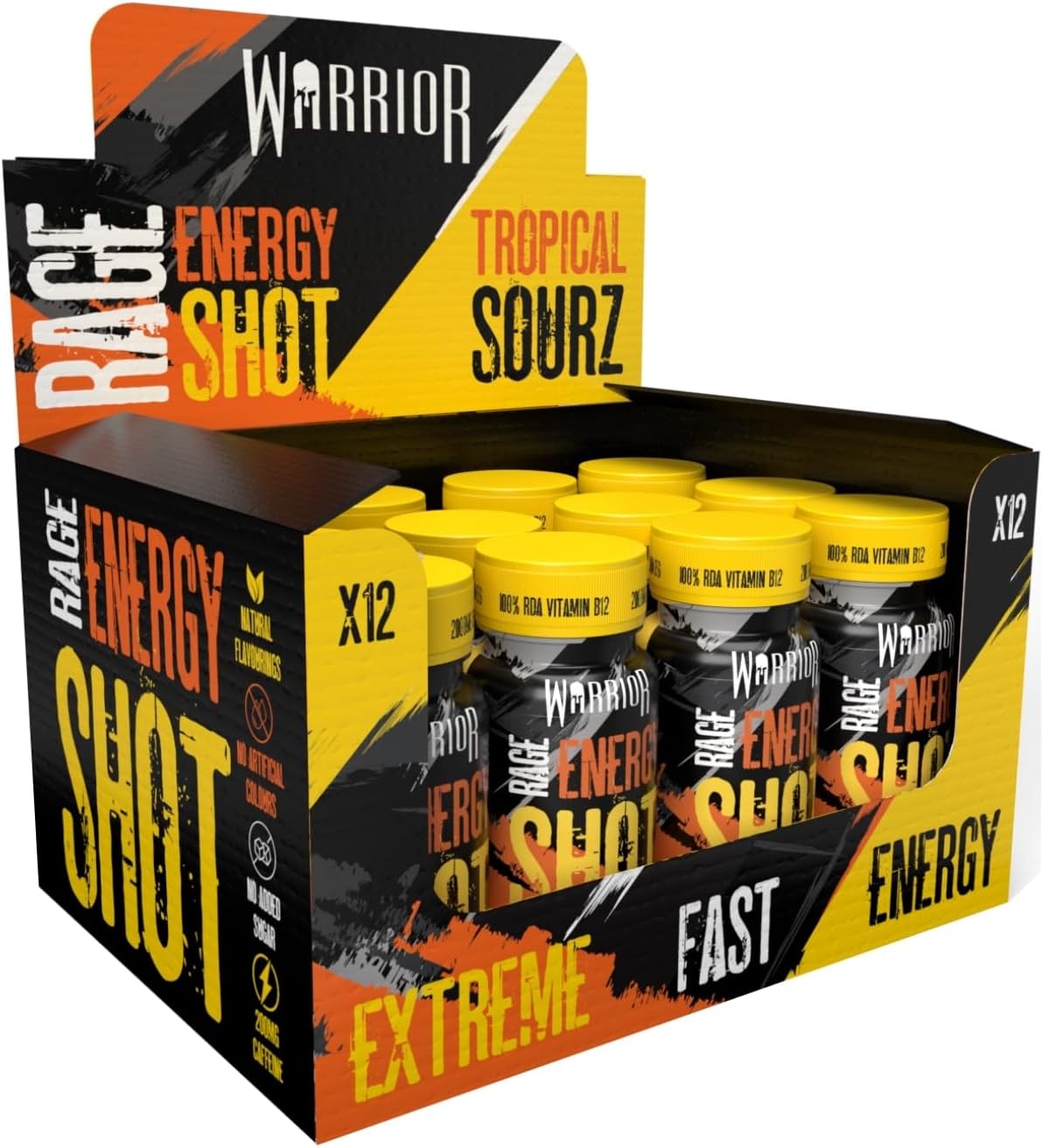 Warrior Rage Energy Shots - Pre Workout Shot Drink 12 x 60ml - RTD Fuel Juice Supplement (Liquid not Gels) - 200mg Caffeine to Lift Sessions and Running - Contains Vitamin B6 & B12 (Tropical Sourz)