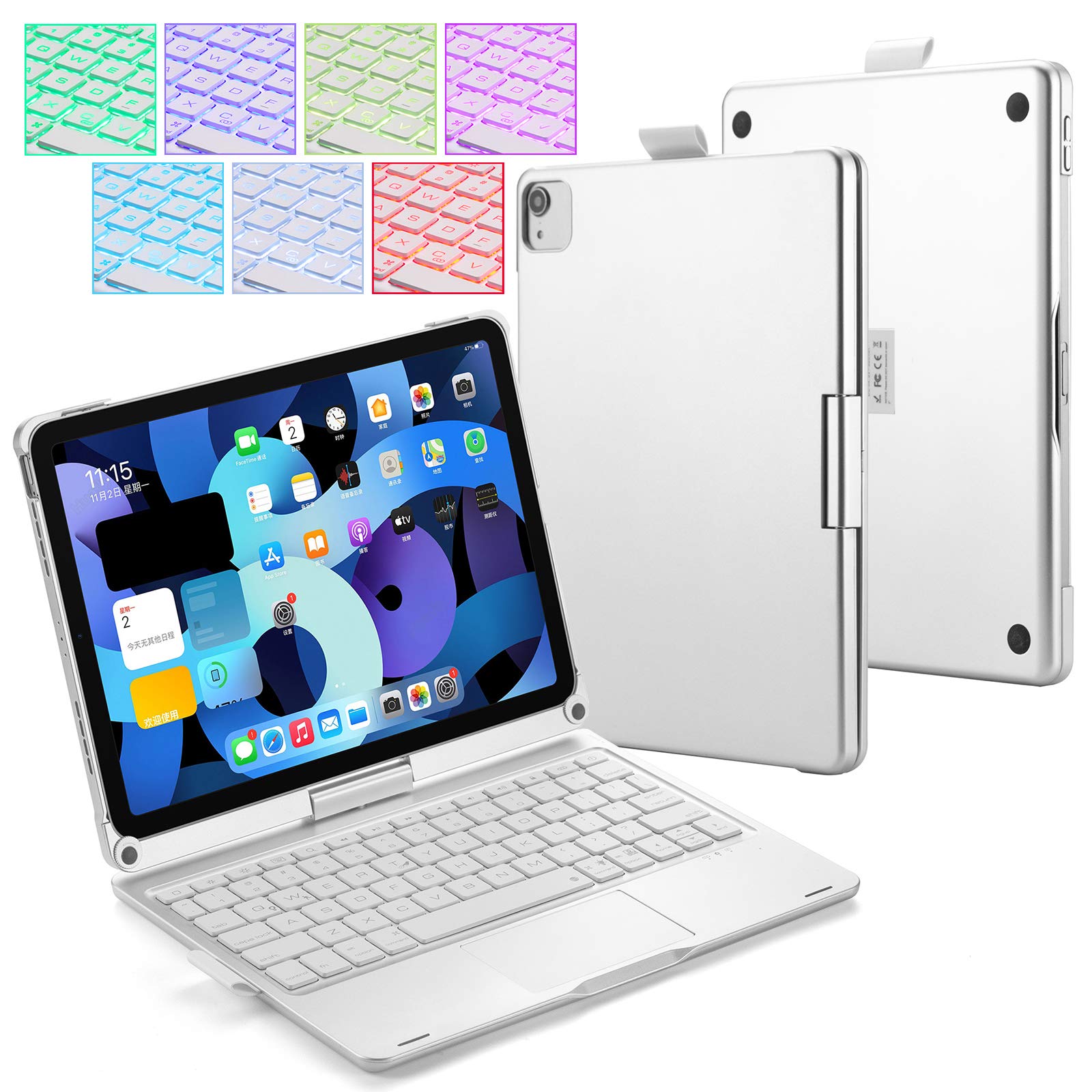 Huafly iPad Keyboard Case for 2020 iPad Air 10.9 (4rd Gen), A2072/A2316/A2324/A2325, Backlit Keyboard with Touchpad, Wireless Bluetooth 360° Rotatable Case for 10.9 inch Tablet (Silver)