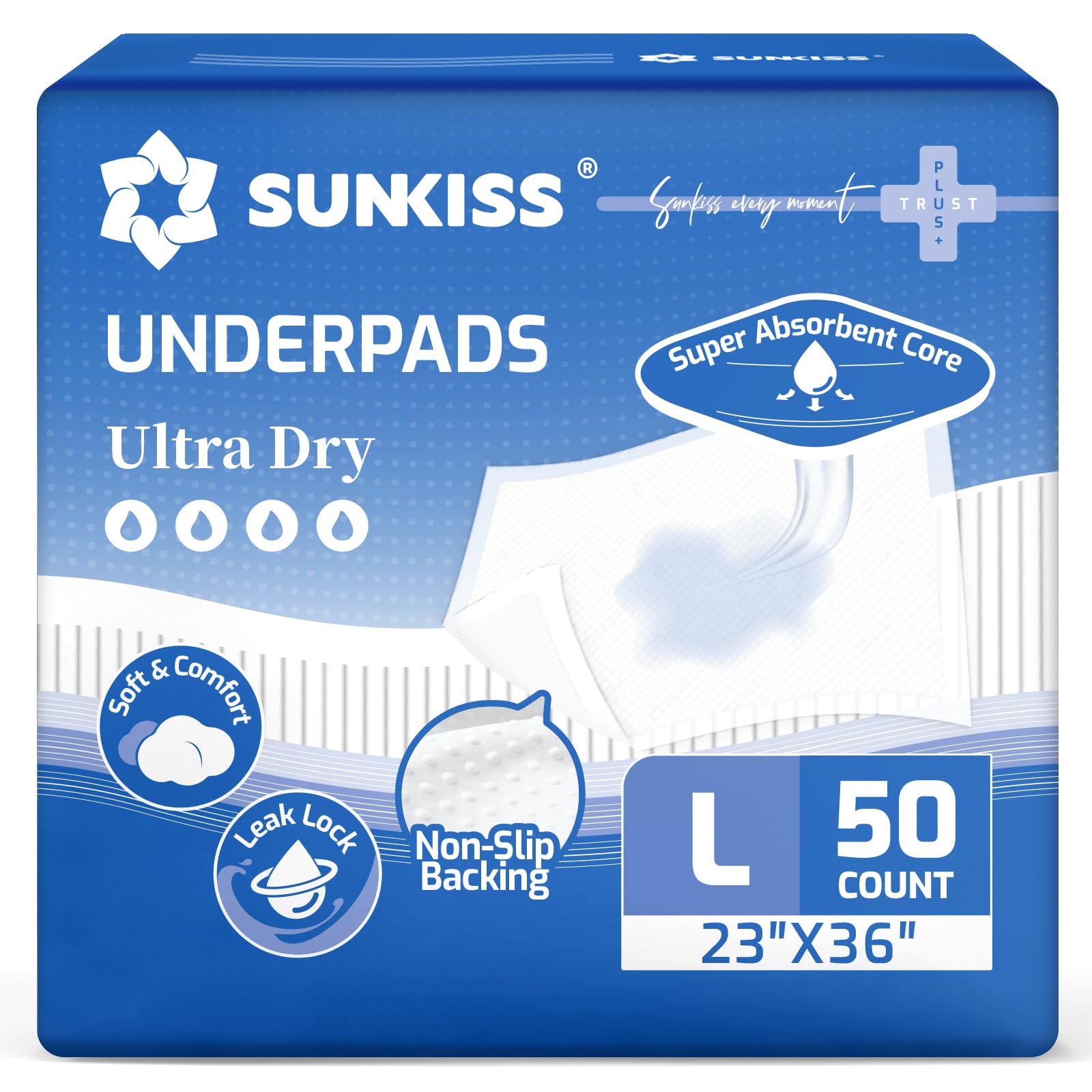 SUNKISS Sottoassorbenti usa e getta, 58,4 x 91,4 cm, super assorbenti, a prova di perdite, con retro antiscivolo, extra large, per adulti, bambini, anziani e animali domestici, 50 pezzi