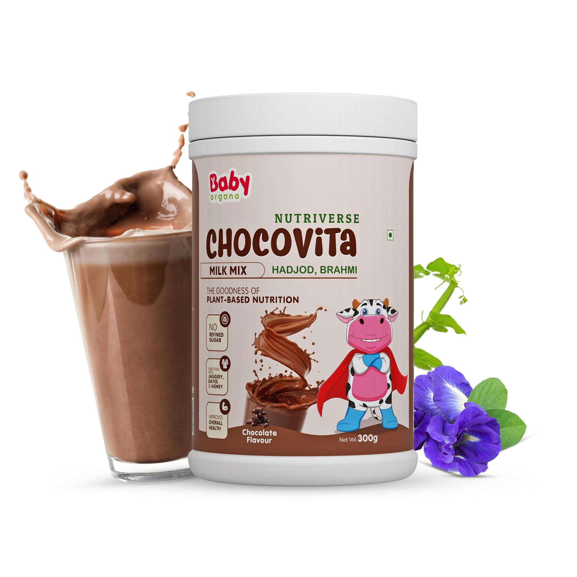 BabyOrgano Chocolate Nutriverse Chocovita milk mix 300g Powder | 2+ Years | Sweetened with Jaggery & Dates with essential Ayurvedic herbs | Enriched with Brahmi for DHA | Hadjod for bone strength | Healthy Growth & Boosts Immunity with Anantmool & Nagarmotha
