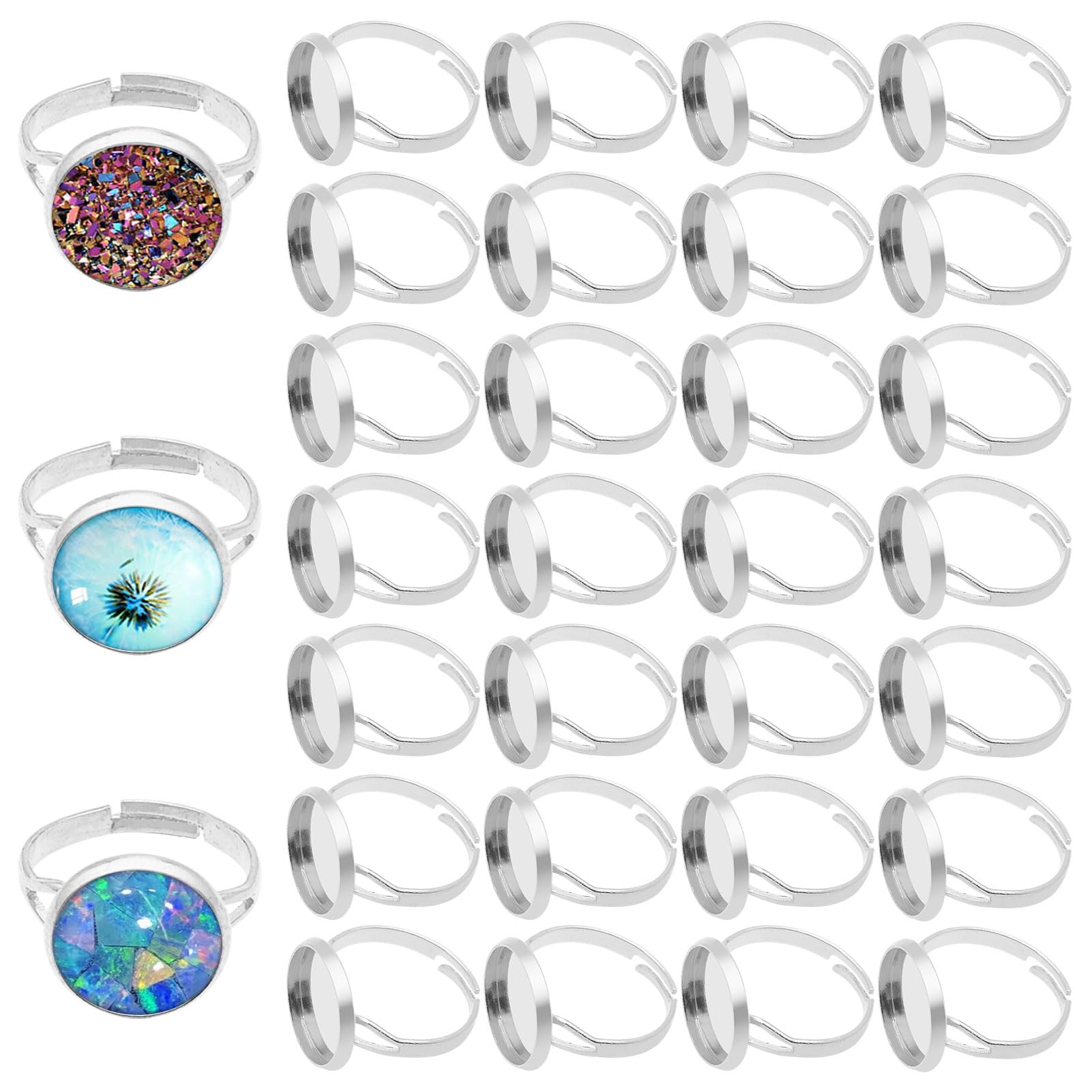100Pcs Adjustable Blank Rings for Jewelry Making, Blank Rings with 12mm Adjustable Ring Bases Pad Metal Round Finger Ring Trays Ring Blanks Bezel Trays for DIY Cabochon Rings Jewelry Findings(Silver)