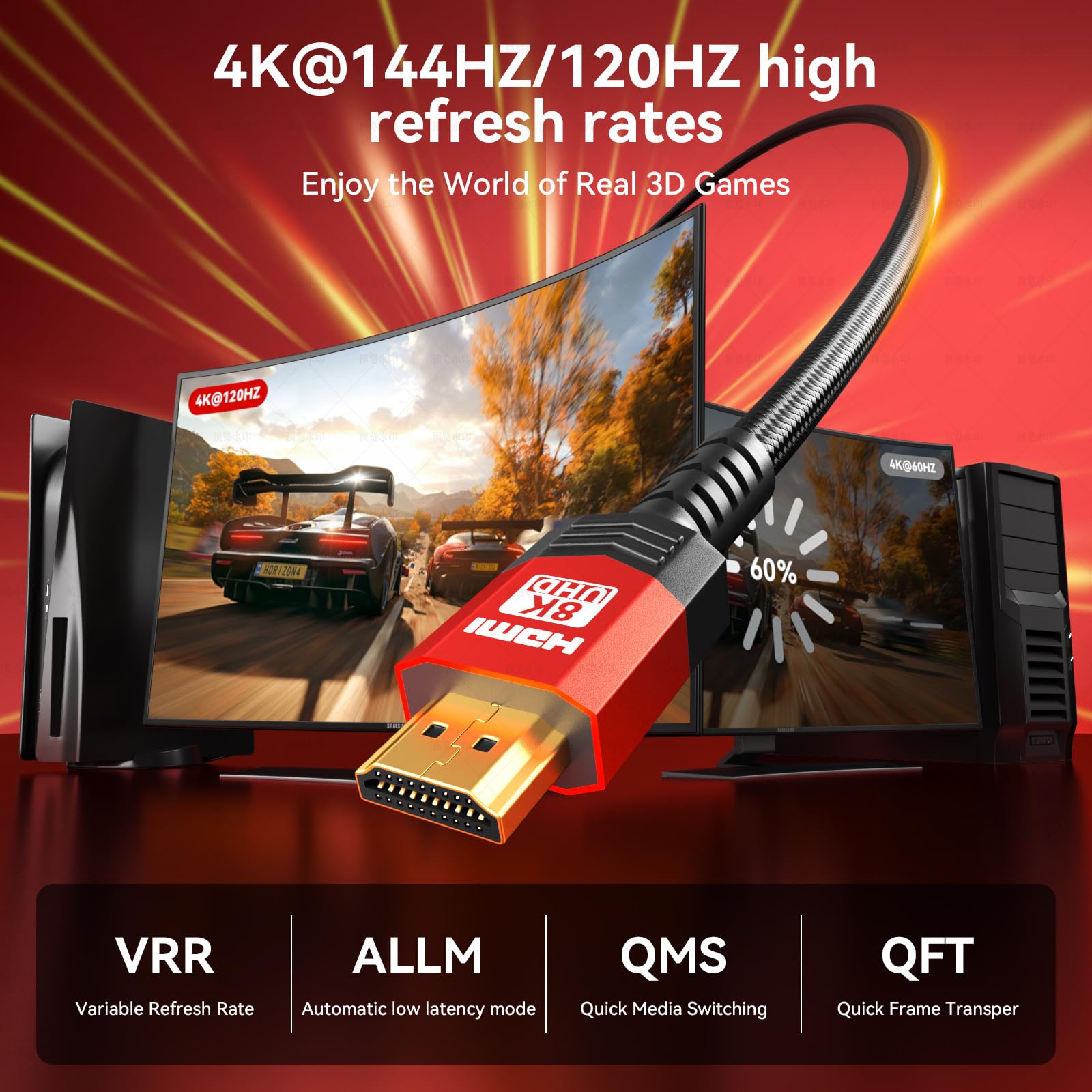 8K HDMI 2.1 Kabel, 6,8 m, 48 Gbit/s, Ultra High Speed geflochtenes Gaming-Kabel, unterstützt 10K 8K @ 60Hz 4K @ 120Hz/144Hz HDCP 2.2&2.3 eARC DTS:X HDR10 VRR kompatibel für RTX 5090/PS5