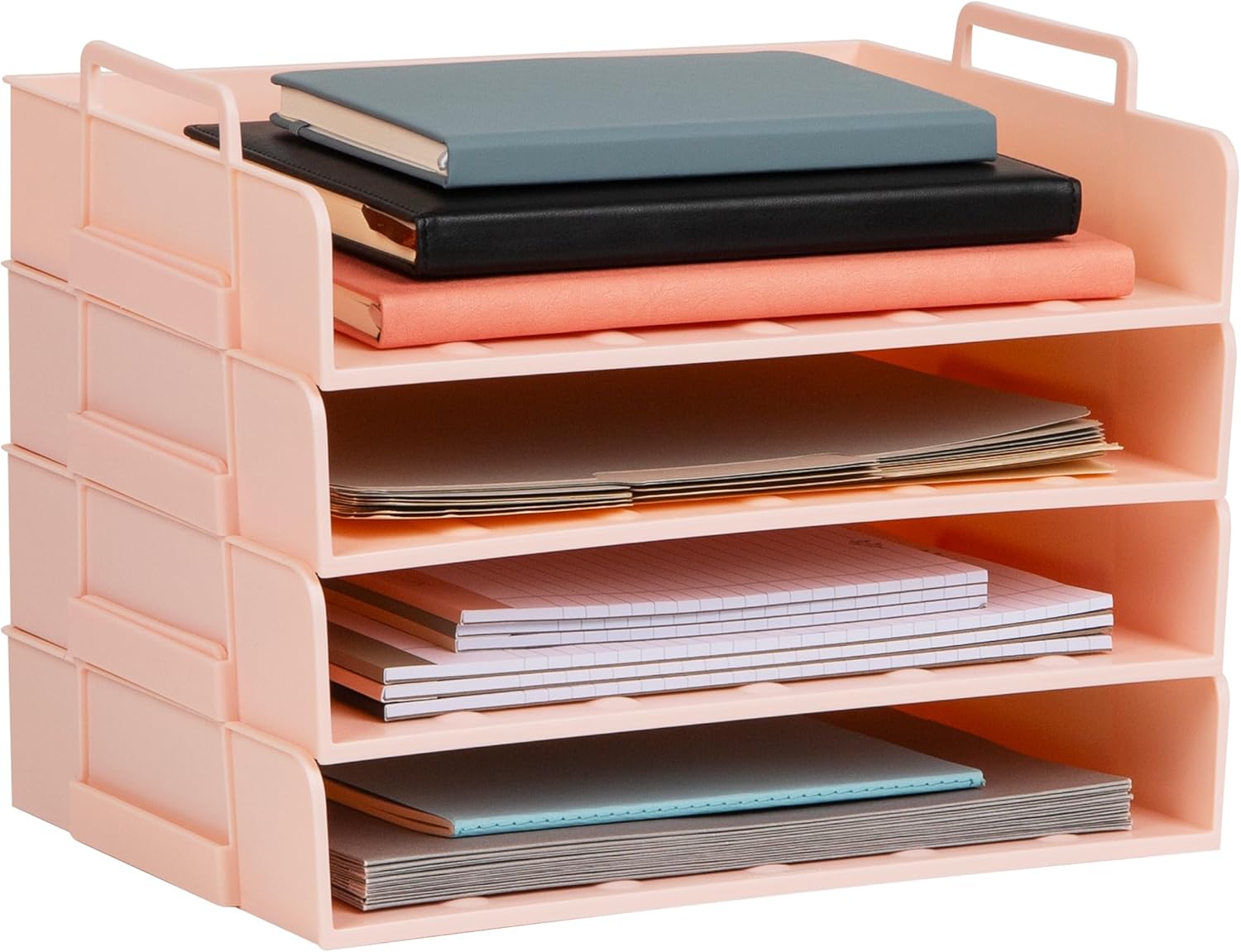 Mind Reader Stackable Paper Tray, Desktop Organizer, File Storage, Office, Plastic, 13.75" L x 10" W x 10.75" H, 4 Pcs., Beige