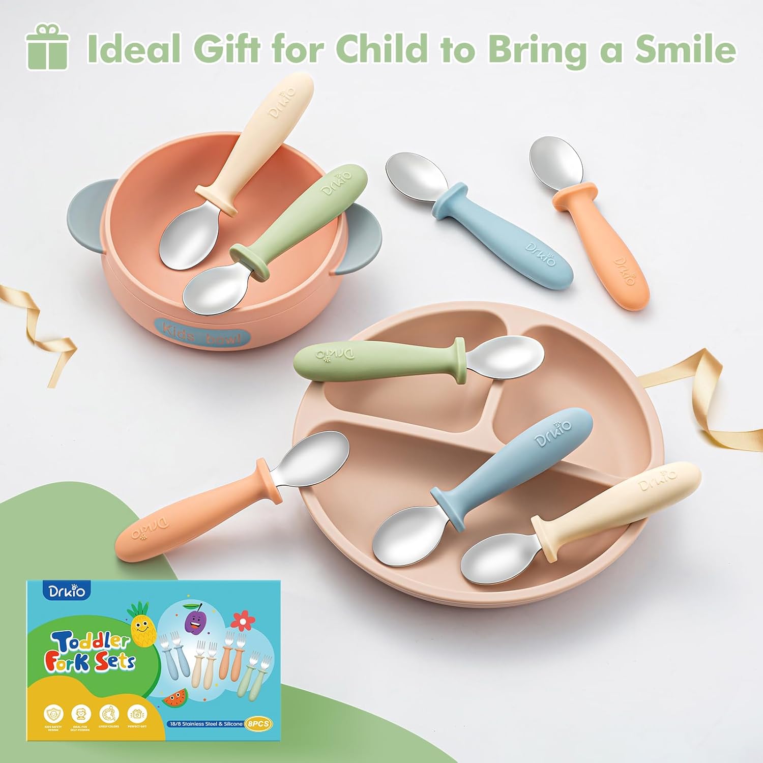 DRKIO 8 PCS Toddler Spoons Set - Baby Spoons with Silicone Handle Children safe 18/8 Stainless Steel Toddler Utensils Set for Self Feeding Kids Silverware Anti-Choke Design Food Grade Dishwasher Safe - Image 5