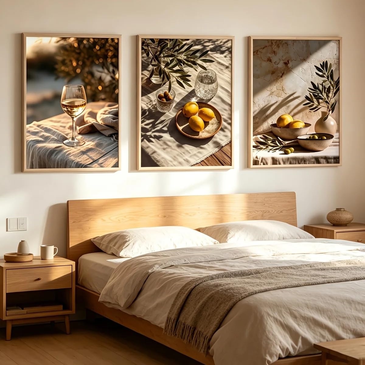 SDVIB Stampe artistiche da parete con paesaggi mediterranei, foglie d'ulivo in vaso, natura morta su tela per decorazione domestica (60x80 cm/3 pezzi senza cornice)
