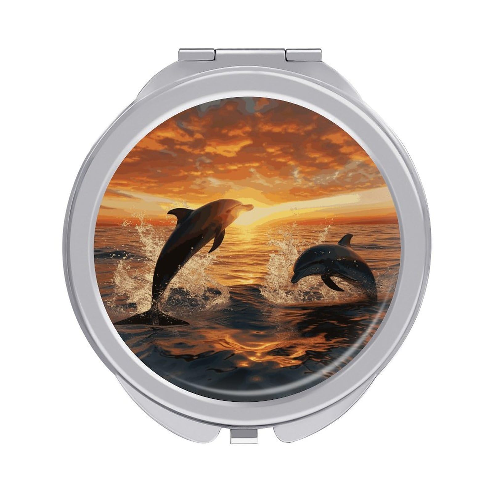 JTREHY Dolphins Jumping Out of The Water at Sunset Makeup Mirror Silver Mirror Surface Folding Makeups Mirrors Lightweight Durable Looking Glass for Suitable Traveling Handbag and Purses