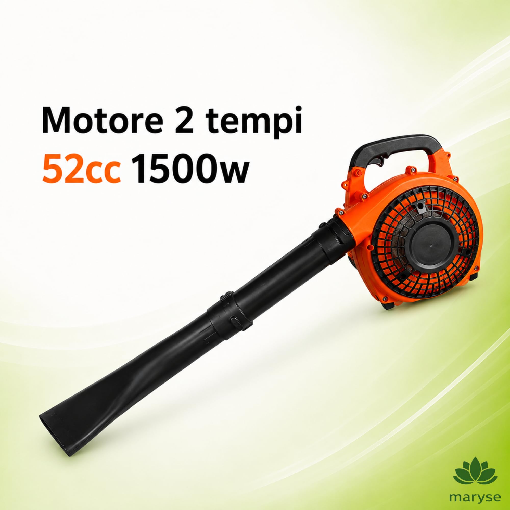 Soffiatore a Scoppio 52 cc LEGGERO – AVVIAMENTO FACILE - Motore 2 Tempi da 1500 W – Getto d’Aria 65 m/s per Rimozione Foglie e Detriti – Impugnatura per COMFORT UTILIZZO - Serbatoio 0,65 L