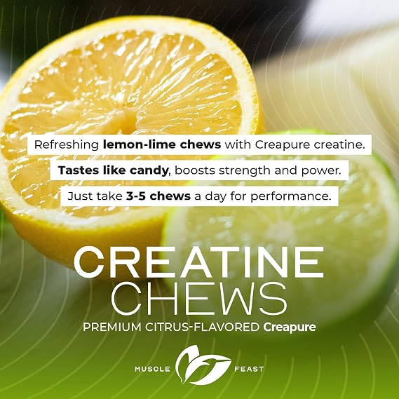 Muscle Feast Creatine Monohydrate Chewables - Vegan & Gluten-Free Creapure Creatine Chews for Men & Women - Delicious Citrus-Flavored Creatine Tablets for Muscle Building - Lemon Lime, 360 Tabs