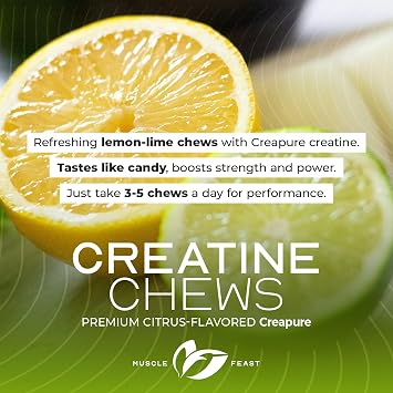 Muscle Feast Creatine Monohydrate Chewables - Vegan & Gluten-Free Creapure Creatine Chews for Men & Women - Delicious Citrus-Flavored Creatine Tablets for Muscle Building - Lemon Lime, 360 Tabs