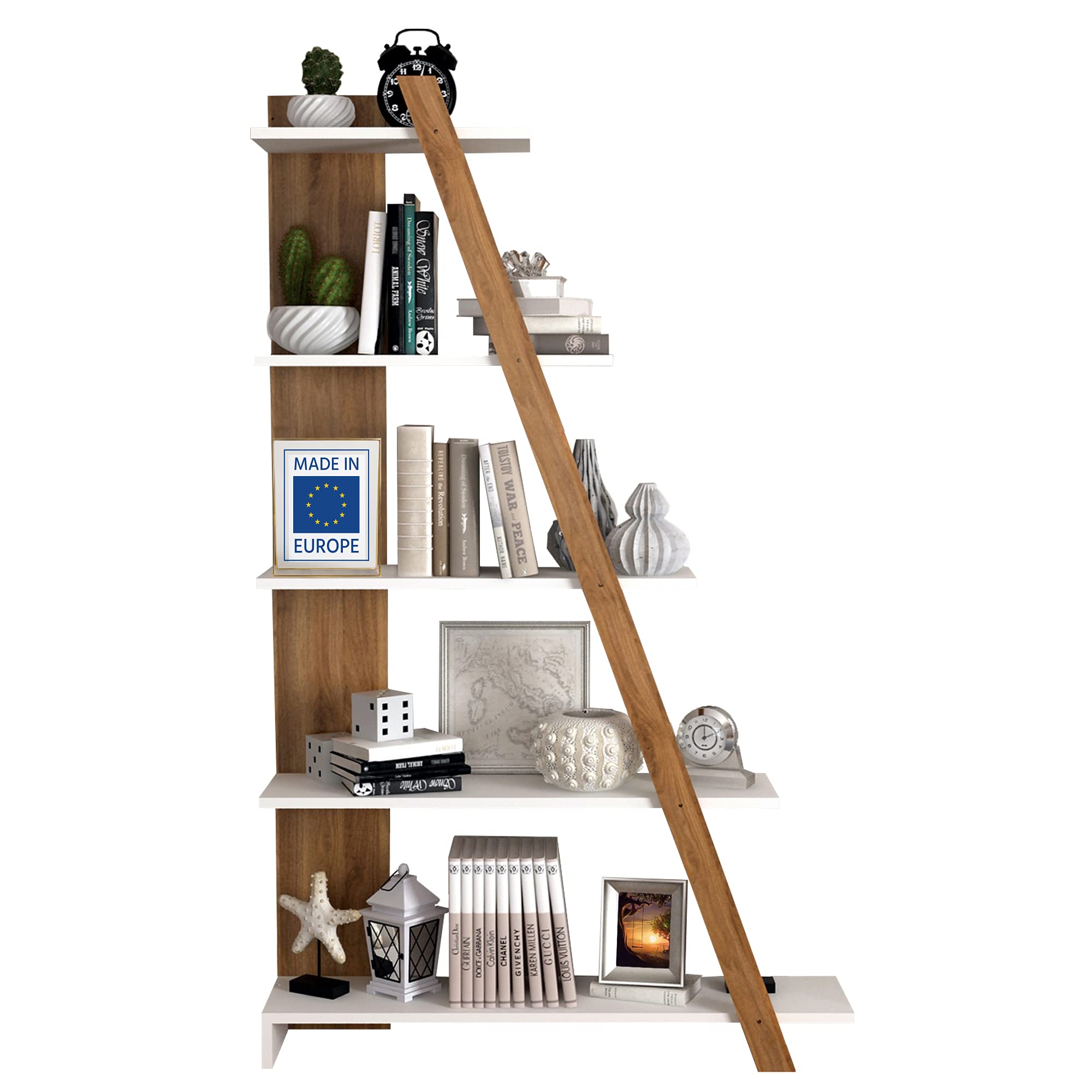 Buy Modern Ladder Shelf, Wood Leaning Bookshelf, White and Walnut