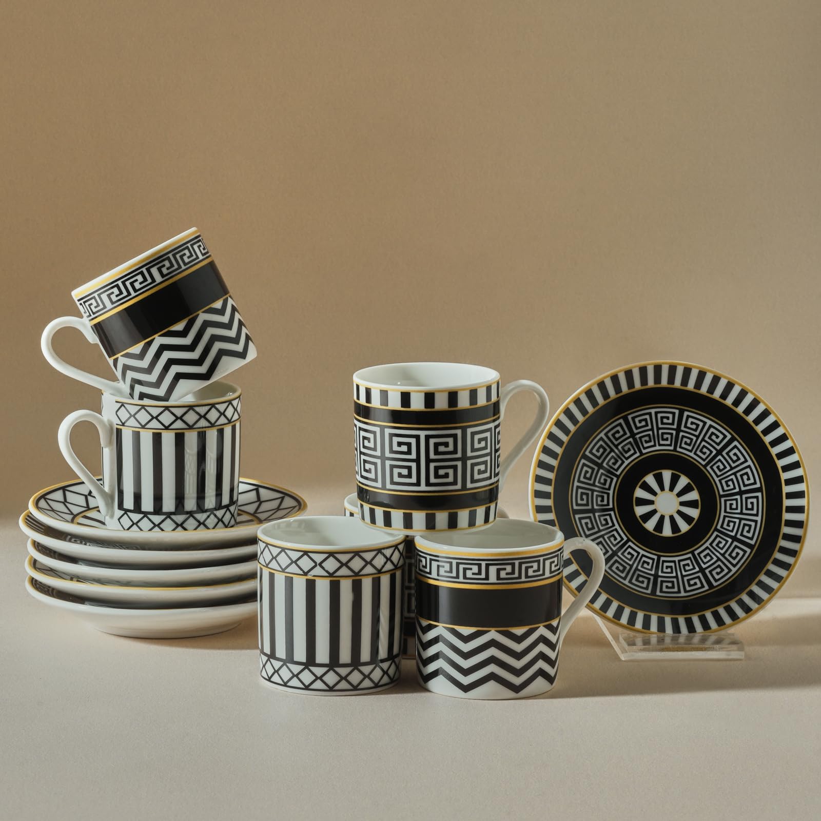 KARACA Helenistik 12-Piece Turkish Coffee Cup Set for 6 People, 80ml, Small Espresso Cups with Saucers, Porcelain Turkish Coffee Set, Black & White Design