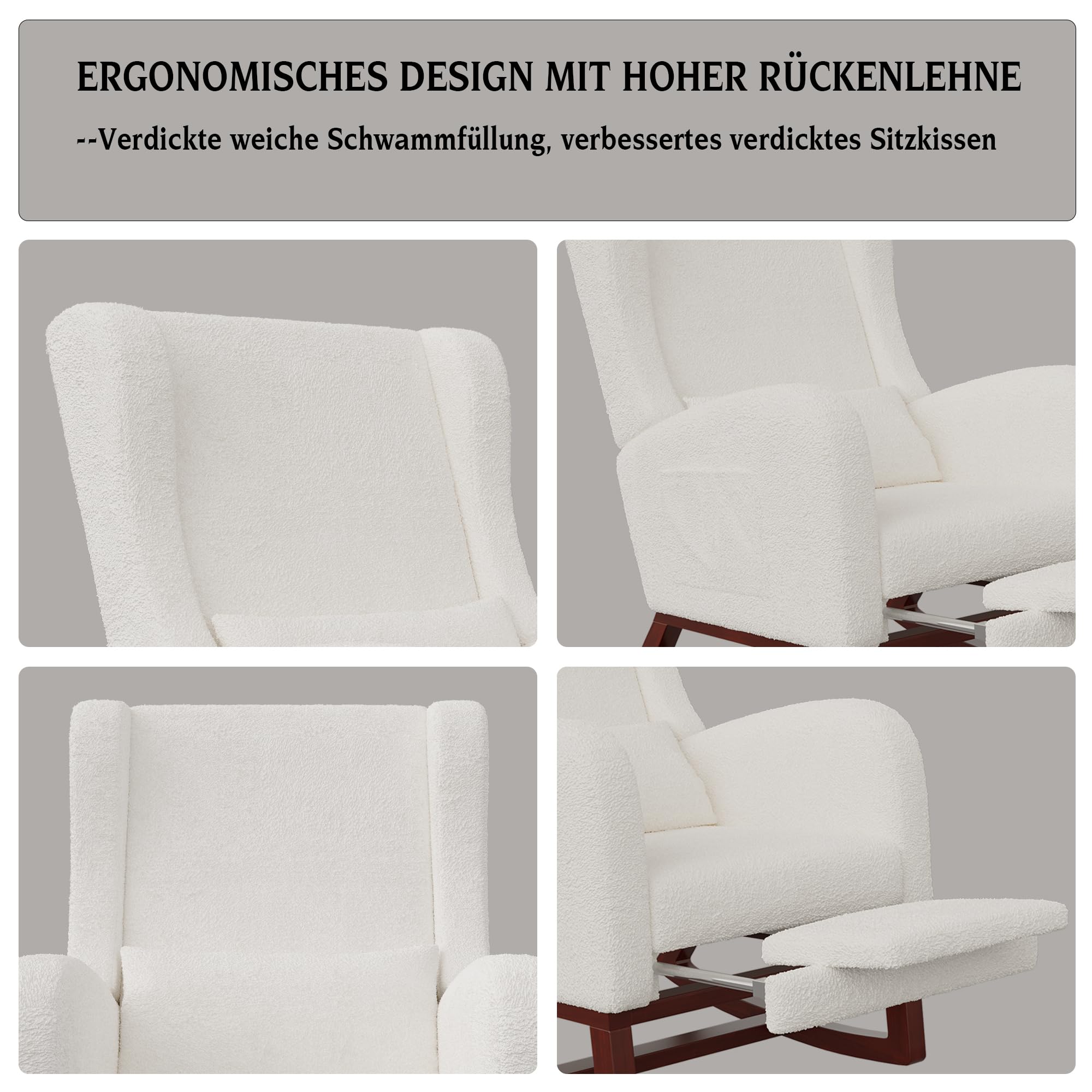 Mecedora, sillón de relax con reposapiés, grueso mecedora, silla de lactancia, silla basculante, asiento acolchado con 2 bolsillos laterales, 1 cojín lumbar, color blanco arroz