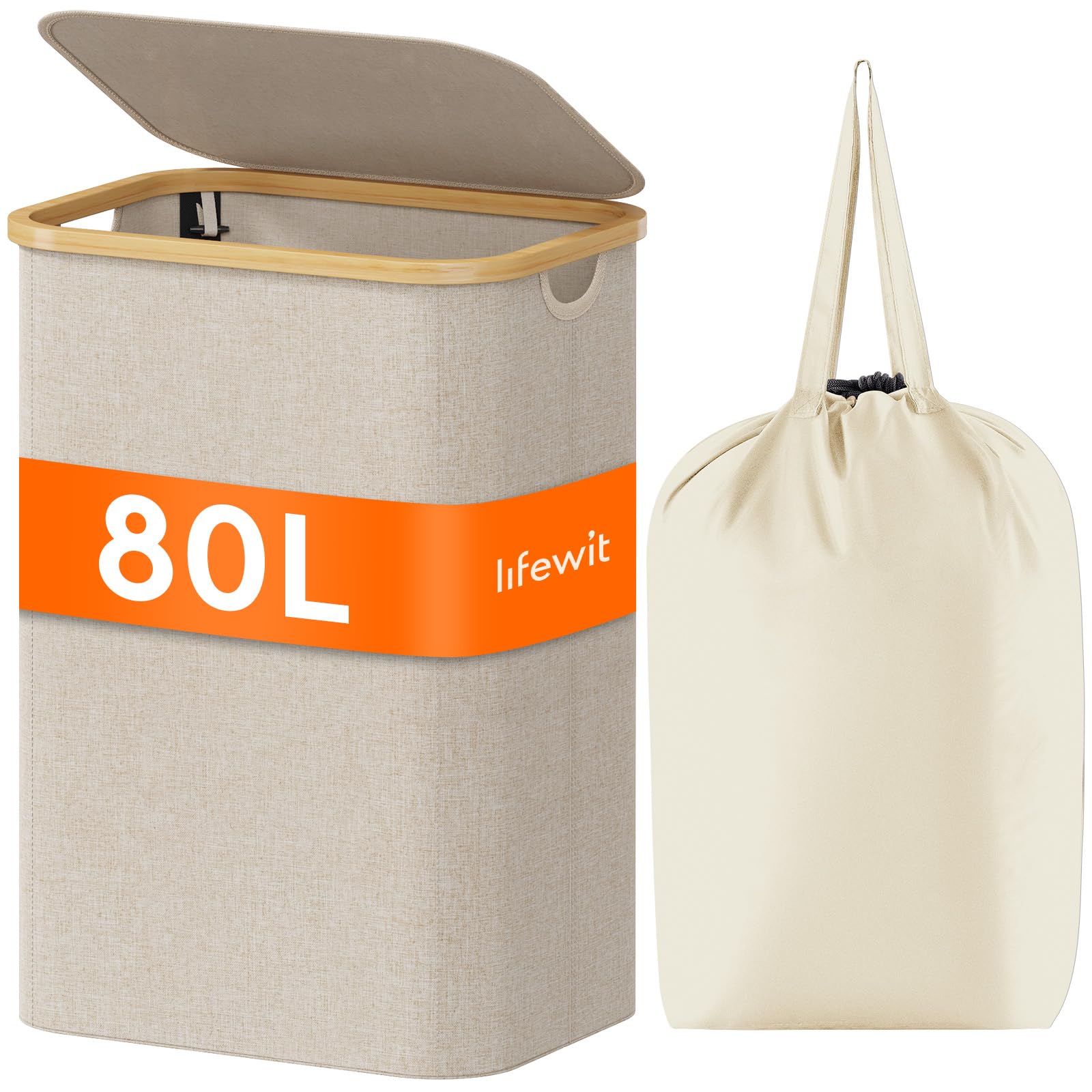 Lifewit 80L Laundry Basket with Lid, Dirty Clothes Bin with Bamboo Handles and A Removable Bag