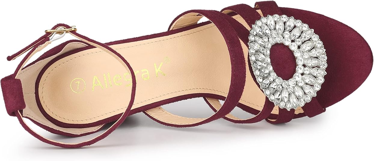 Allegra K Women's Open Toe Chunky Heel Sandal With Crystal Buckle - Burgundy, Faux Suede, 3 1/3 Inch Heel, Size 7 M US - View #4