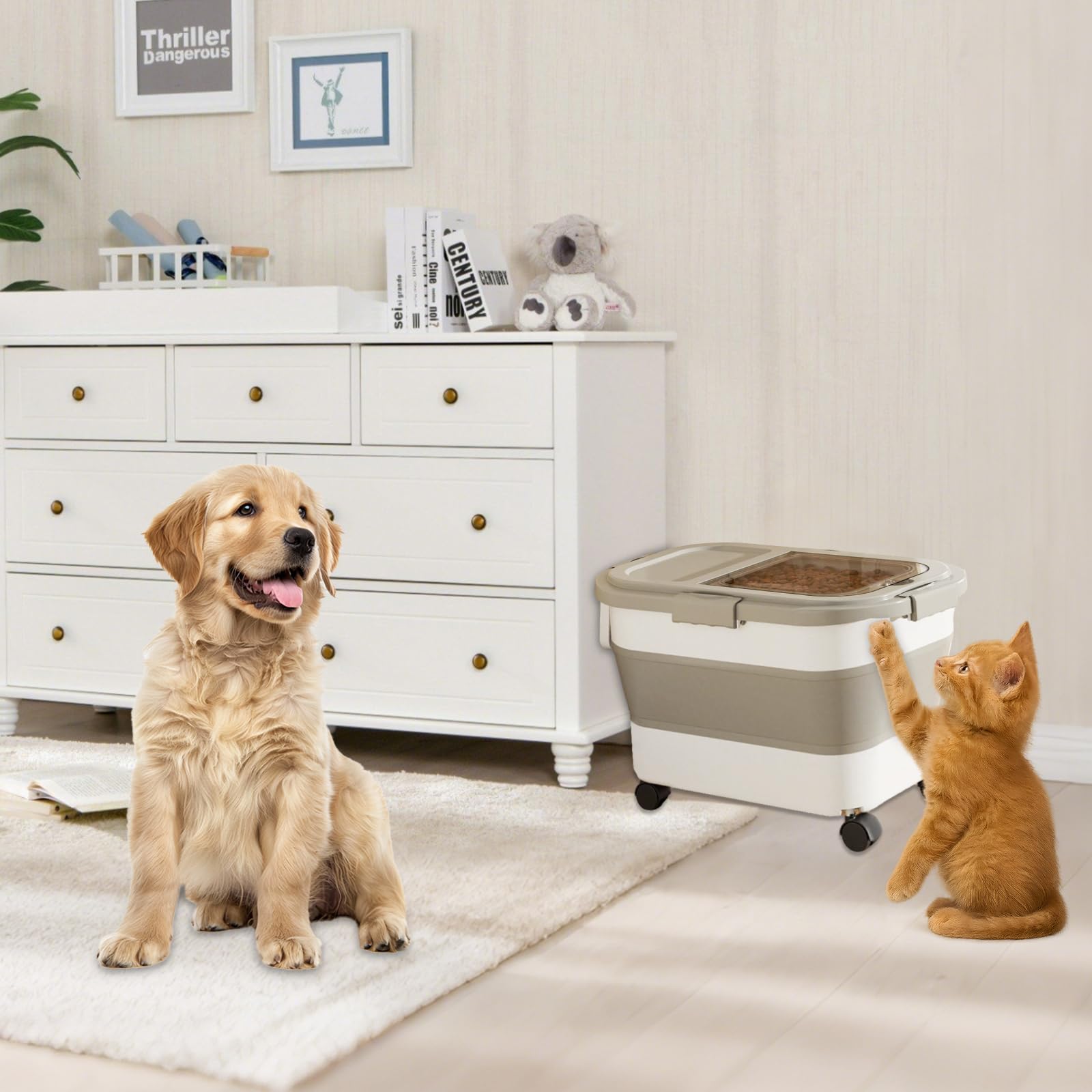 Conteneur à Croquettes pour Chien et Chat, Capacité 7-10 kg, Boîte de Stockage Pliable avec Roues, Cuillère et Tasse à Mesurer, Rangement Aliments Secs, Beige Kaki
