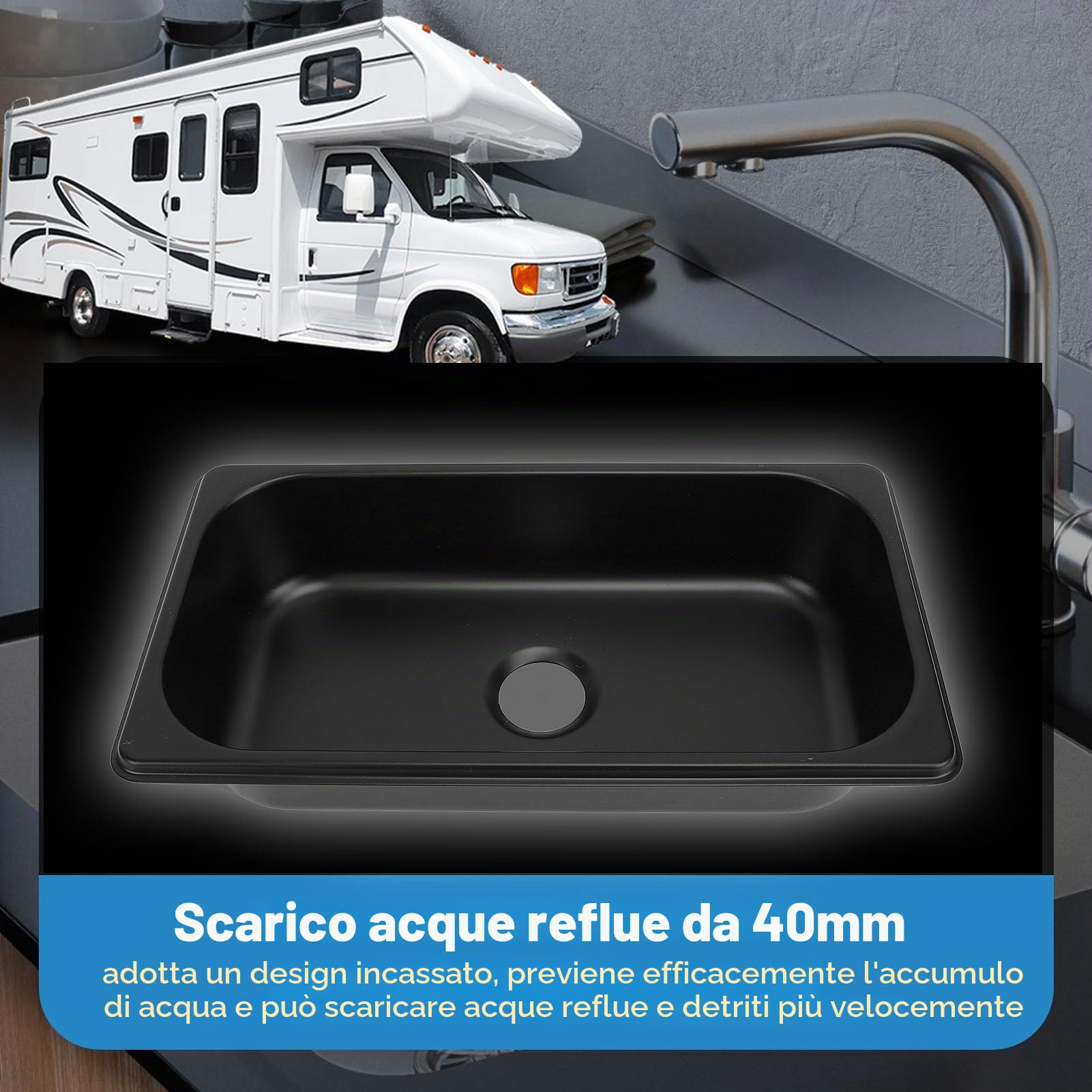 Lavandino 325X176X65Mm Acciaio Inossidabile Lavandino Incasso Lavello Sottopiano con Uscita 40 Mm per Roulotte, Barca, Incorporato Lavandino Lavaggio (Nero verniciato