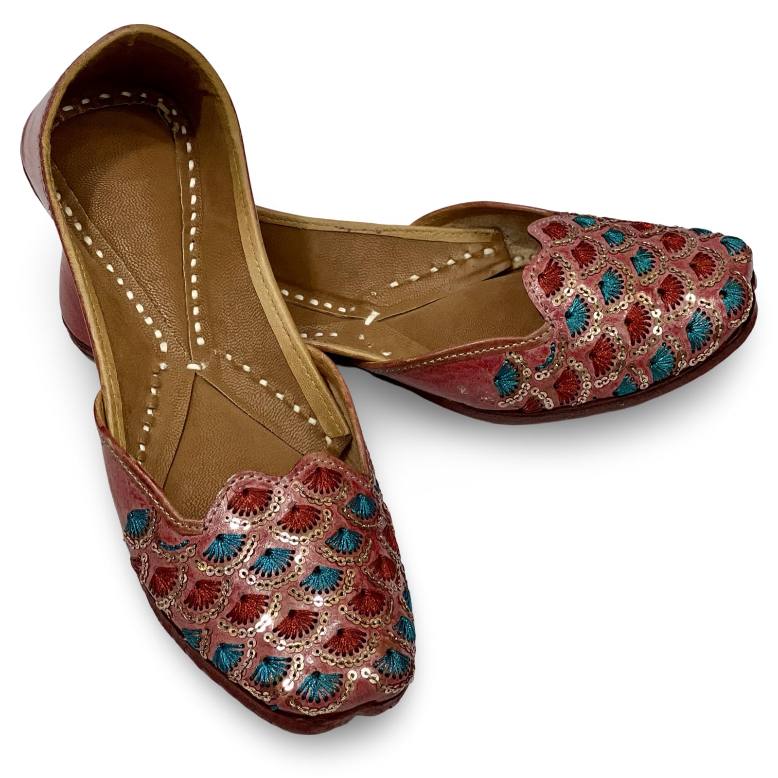 PHA || Women's Embroidered Leather Juttis, Brown with Teal and Red Sequin Pattern, Traditional Ethnic Design Punjabi Jutti-image-37