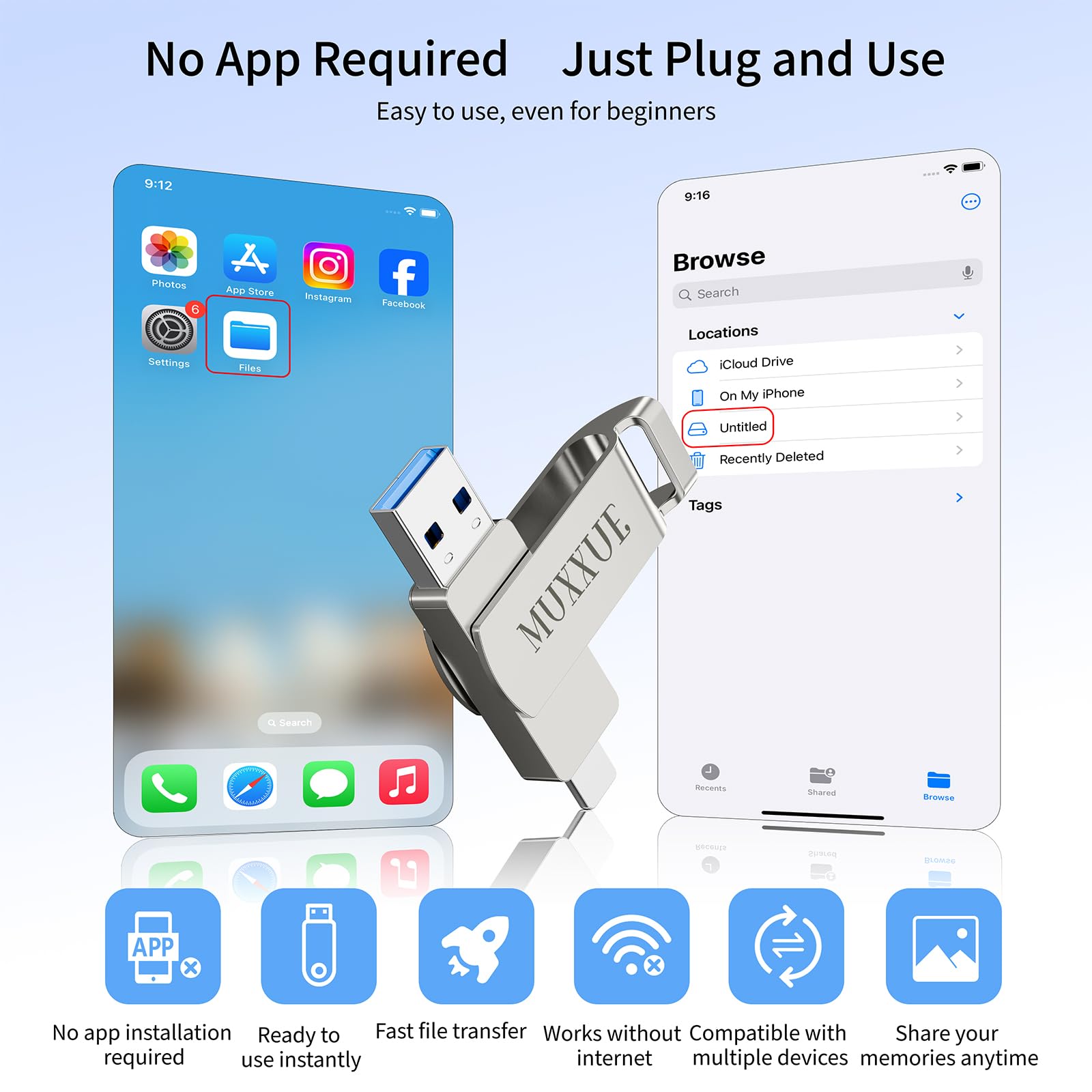 Cle USB iphone 256Go-Sans Application Requise,MFI Clé USB pour iphone/1Pad/Android/PC 3 en 1 avec iOS USB-C USB-A Stockage Externe pour Transfert de Photos, Vidéos et Films