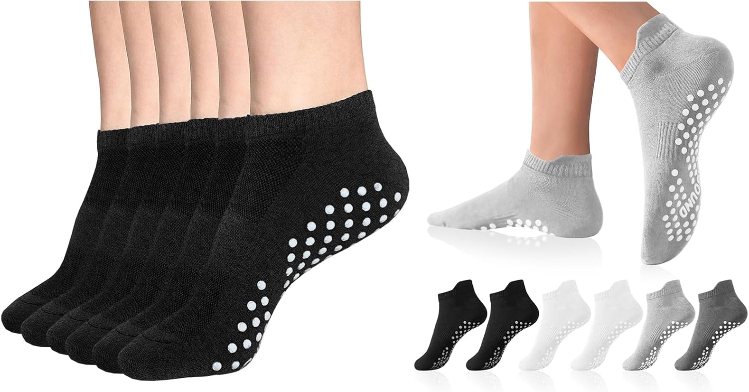 DIBAOLONG Pilates Socks with Grips for Women Yoga Socks Non Slip Barre Hospital 6-Pairs Grippy Ankle Socks