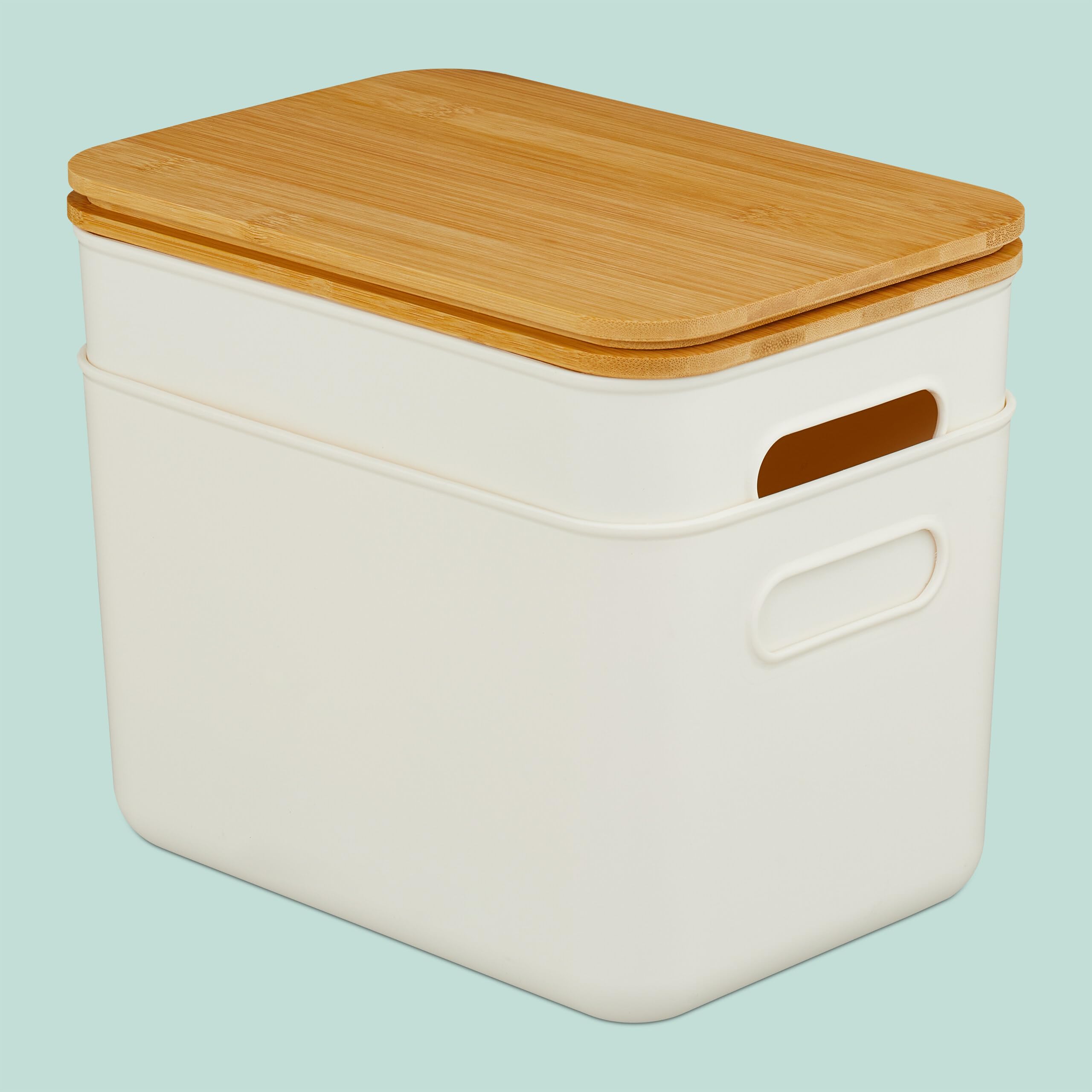 Relaxdays Caja de Almacenamiento con Tapa, Set de 4, plástico y bambú, Asas, 16x26x17.5 cm, Blanco