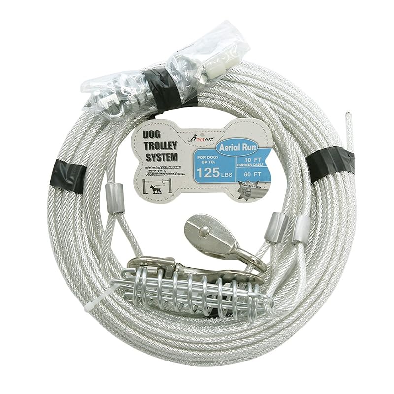 Guia de contenção trolley para cães grandes Petest com cabo de 18,29 m e runner de 3,05 m, Black & Silver