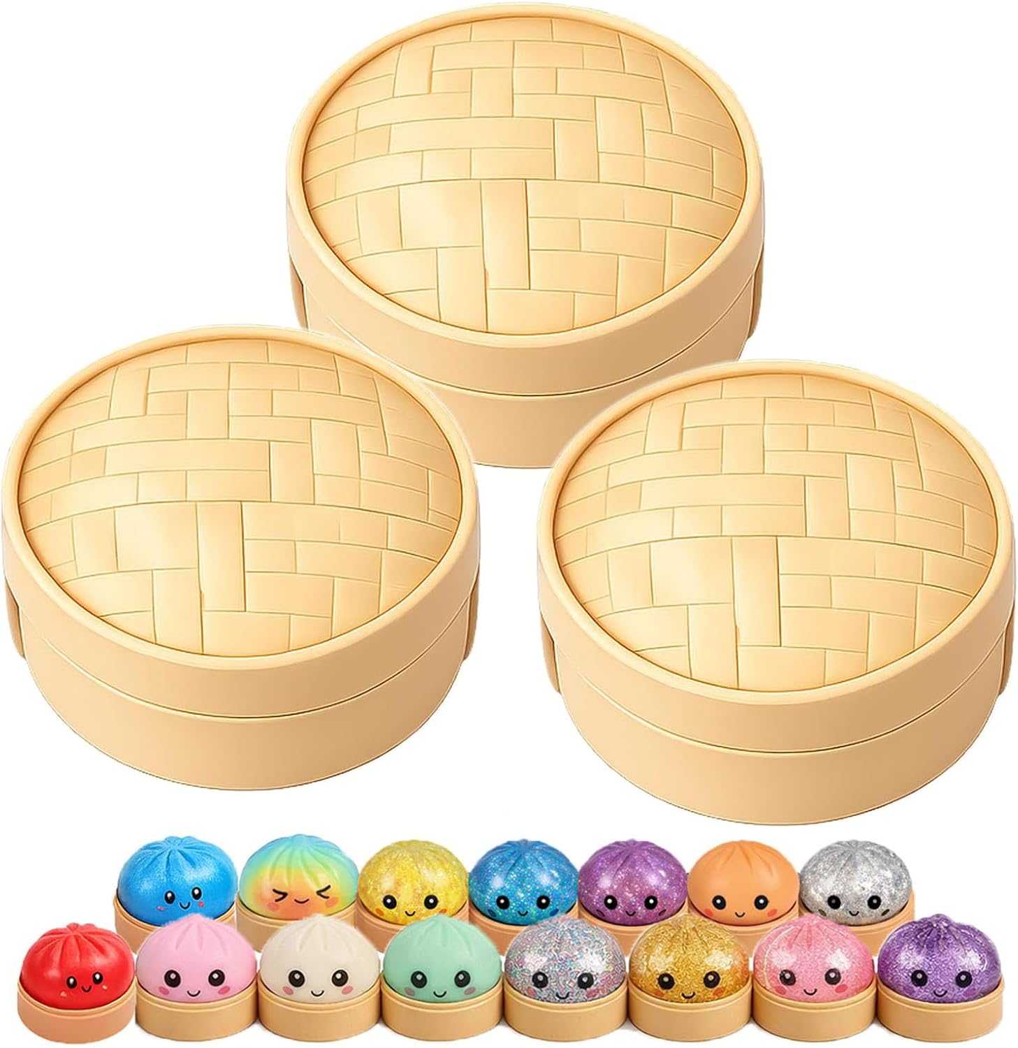 Glitter Dumpling Squishy, 3PCS Dumpling Squishy Mystery Box, Surprise Fidget Toy Set with Bamboo Steamer, Soft Squeeze Bun Kawaii Desk Pets for Home and Office (Set-B)