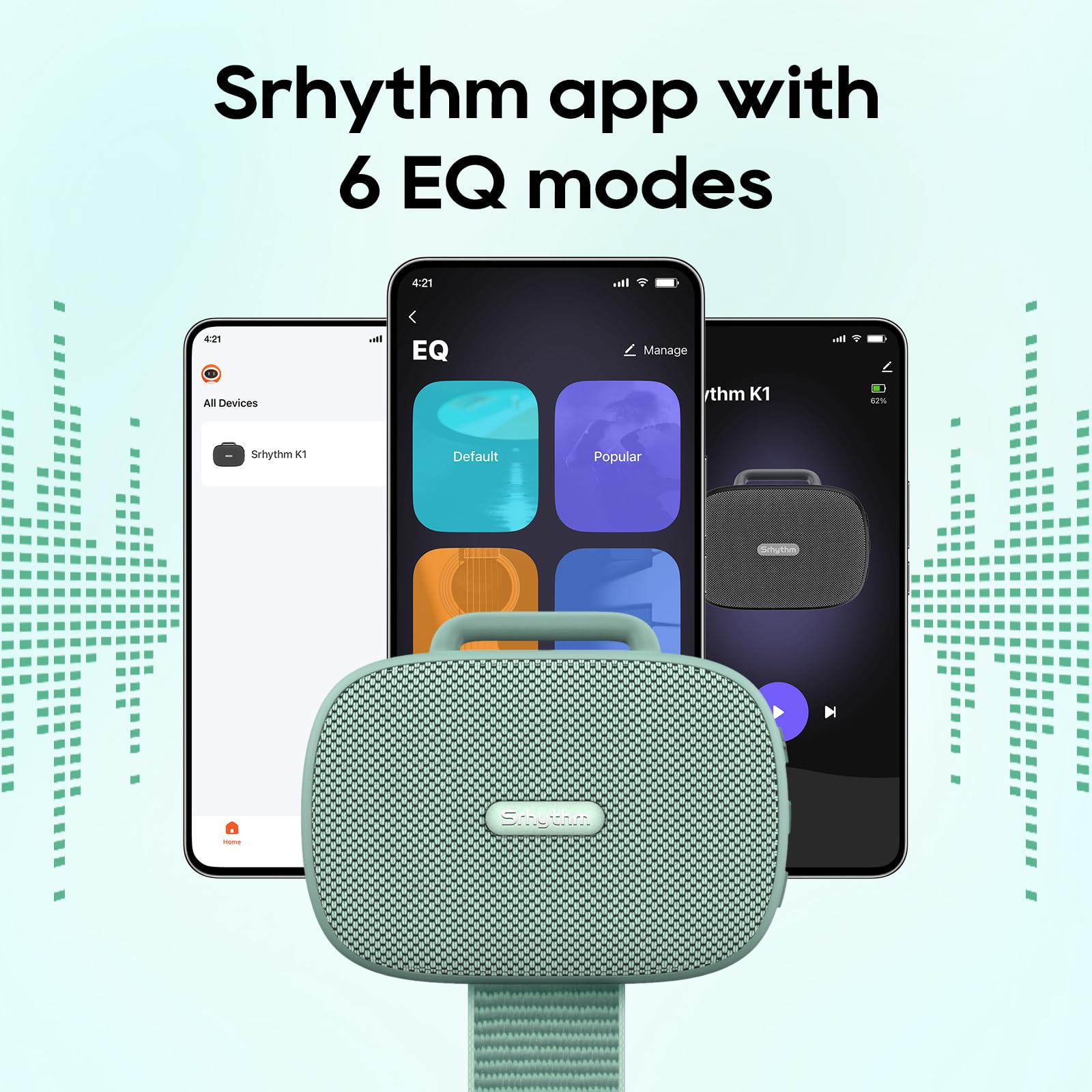 Srhythm Altavoz Inalámbrico Portátil K1 con App, 6 Modos de Ecualización Personalizables,Bluetooth 6.0,Resistencia al Agua IPX7,20Horas de Reproducción Altavoz Compacto Ideal para Deportistas