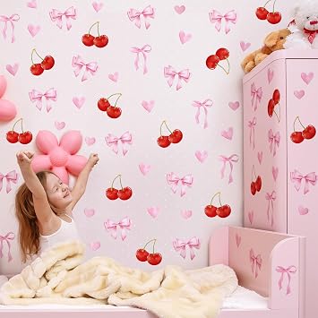 Pink Bow Heart Cherry Wall Stickers for Girls Room - 4 Sheets Watercolor Bow Love Decor Peel and Stick Vinyl Wall Art for Nursery Bedroom Coquette Aesthetic Room Decor UV24Y11284T