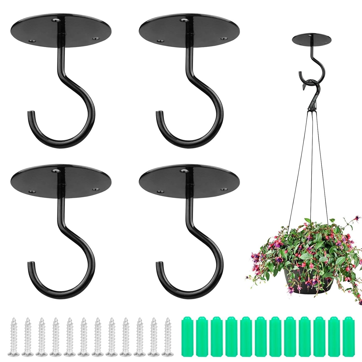 4pcs Metal Ceiling Hook with Screws for Hanging Flower Pot and Plant Pot Wall Mounted Hook for Hanging Plant Baskets/String Lights in Balcony, Porch Office Home (Black)