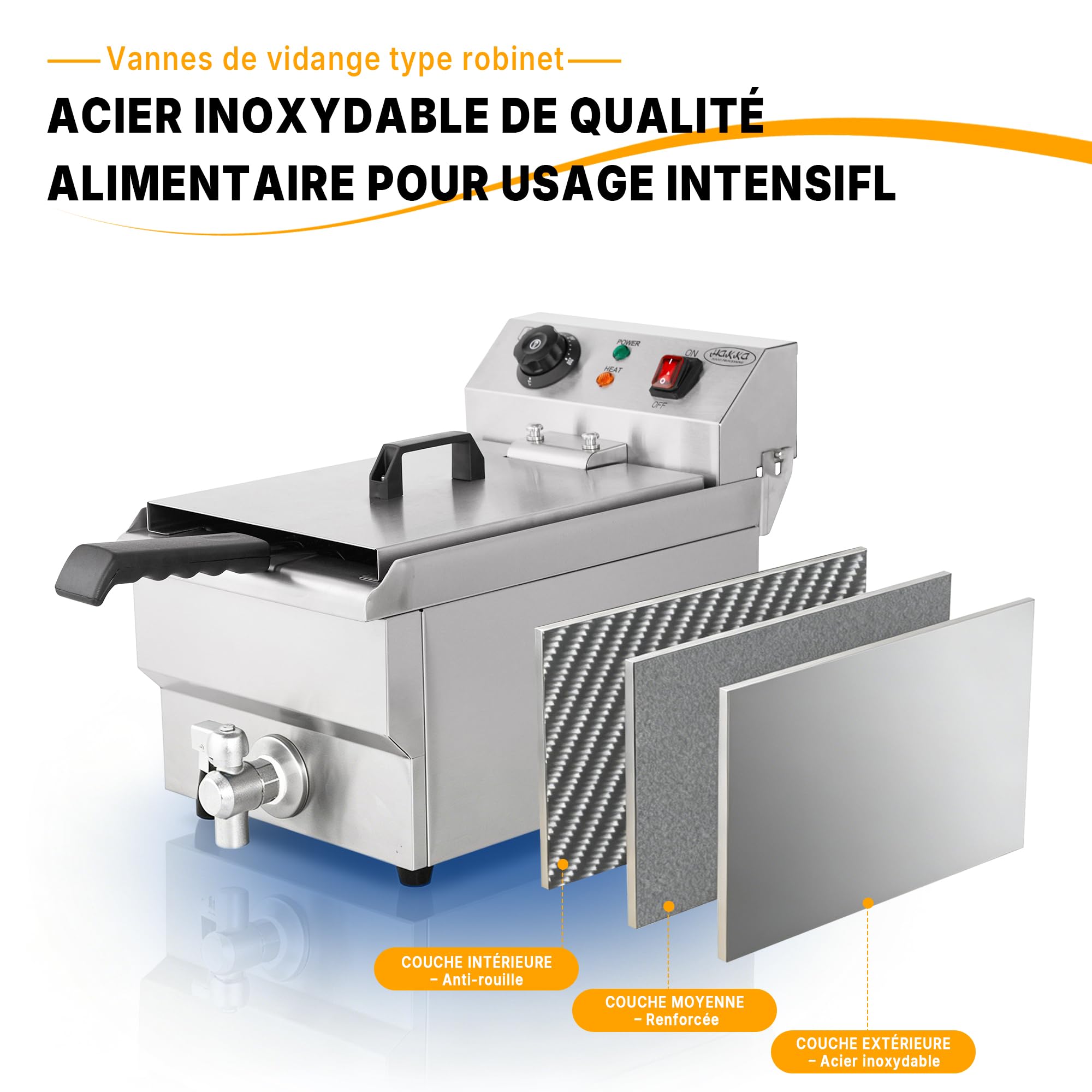 Hakka Friteuses électriques Professionnelles, Grande Capacité 10 L, en Acier Iinoxydable, Avec égouttoir, Panier et Couvercle, Cuve Simple(220V, 3000W)