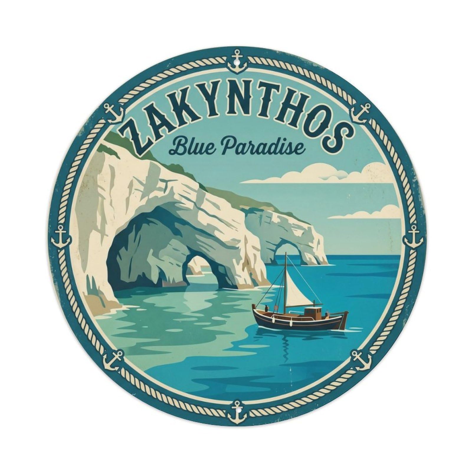 Vintage Travel Zakynthos Coast Greece Metal Tin Sign Plaque Wall Decor for Cafe, Club Bar, Office, Home Garden Round Metal Poster 8x8Inch