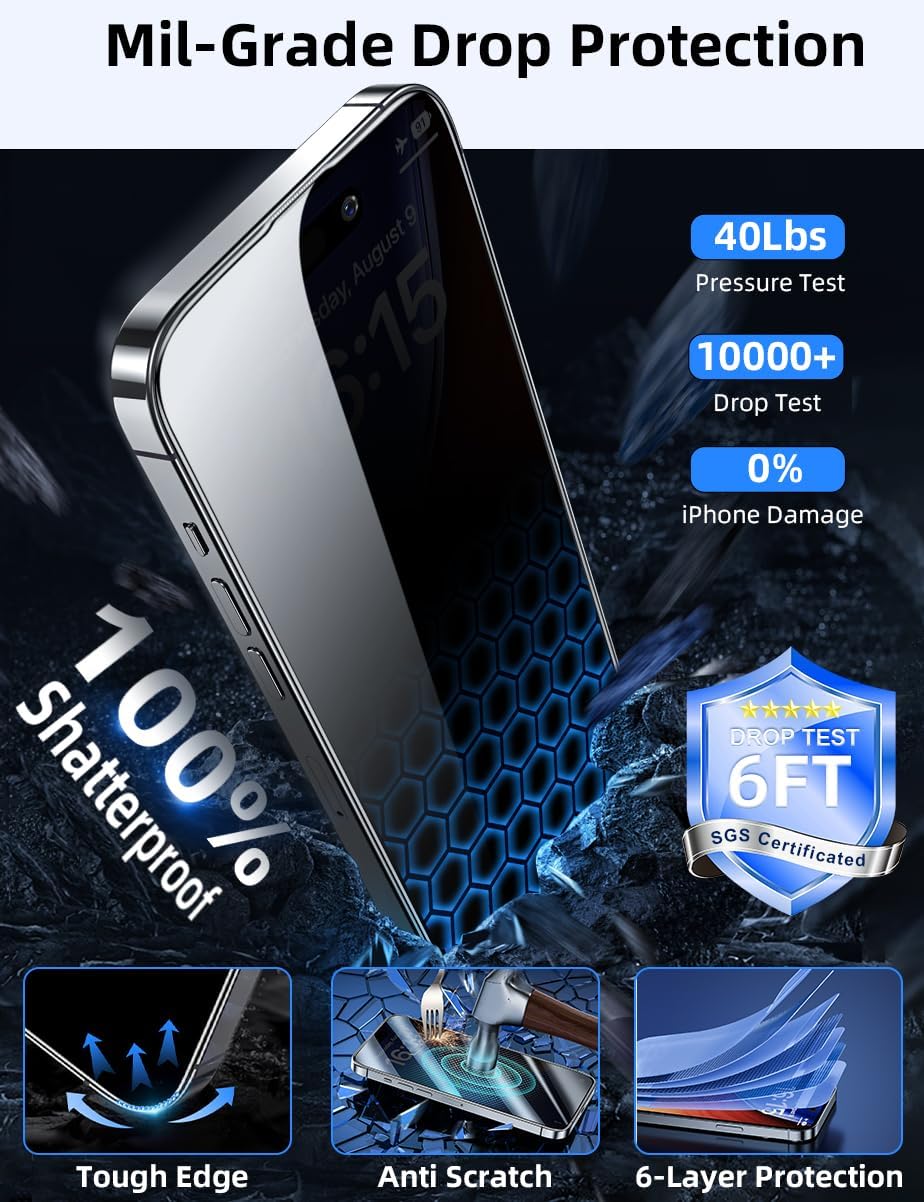 ruwa Privacy Screen Protector for iPhone 15 Pro Max [6.7 Inch][2-Pack] Tempered Glass with Easy Installation Frame, Anti-Scratch,Anti-peep, Full Coverage