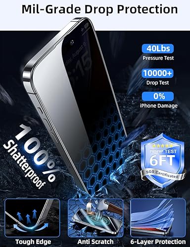 Miniatura 10 de ruwa Protector de pantalla de privacidad para iPhone 13 Pro Max14 Plus 6.7 pulgadas 2 unidades Película de vidrio templado antiespía con marco de