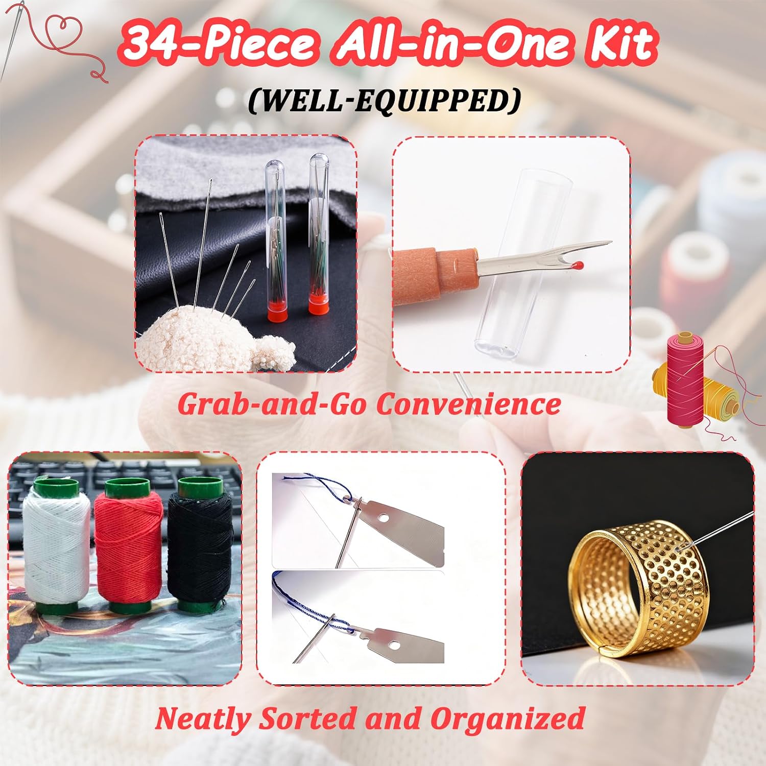 34PCS Big Eye Steel Sewing Needles Kit, Steel Needle Sewing Kit, Stainless Steel Sewing Needles, Steels Needles for Hand Sewing, Portable DIY Handcraft Set, Suitable for Handicraft Enthusiasts