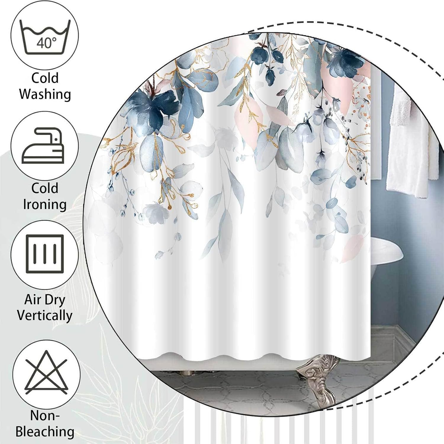 Navy Pink Floral Shower Curtain, Cute Flower Botanical Pastel Watercolor Spring Plant Shower Curtain Eucalyptus Leaf Girly Rustic Country Bathroom Accessories Set with Hooks, 72X84 Inches, Floral5