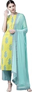 Libas Womens Printed Cotton Straight Kurta With Palazzos and Dupatta