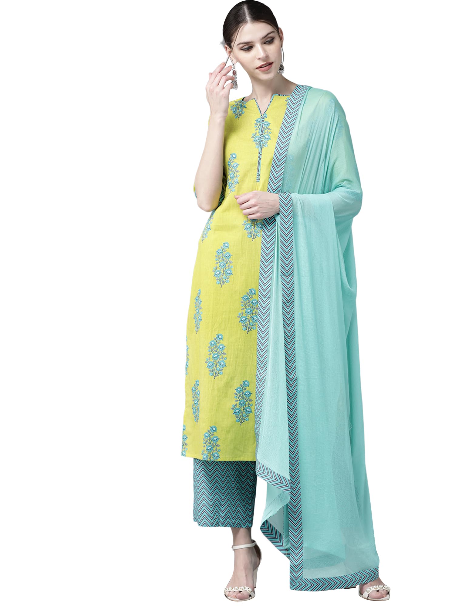 Women Printed Cotton Straight Kurta & Palazzo With Dupatta