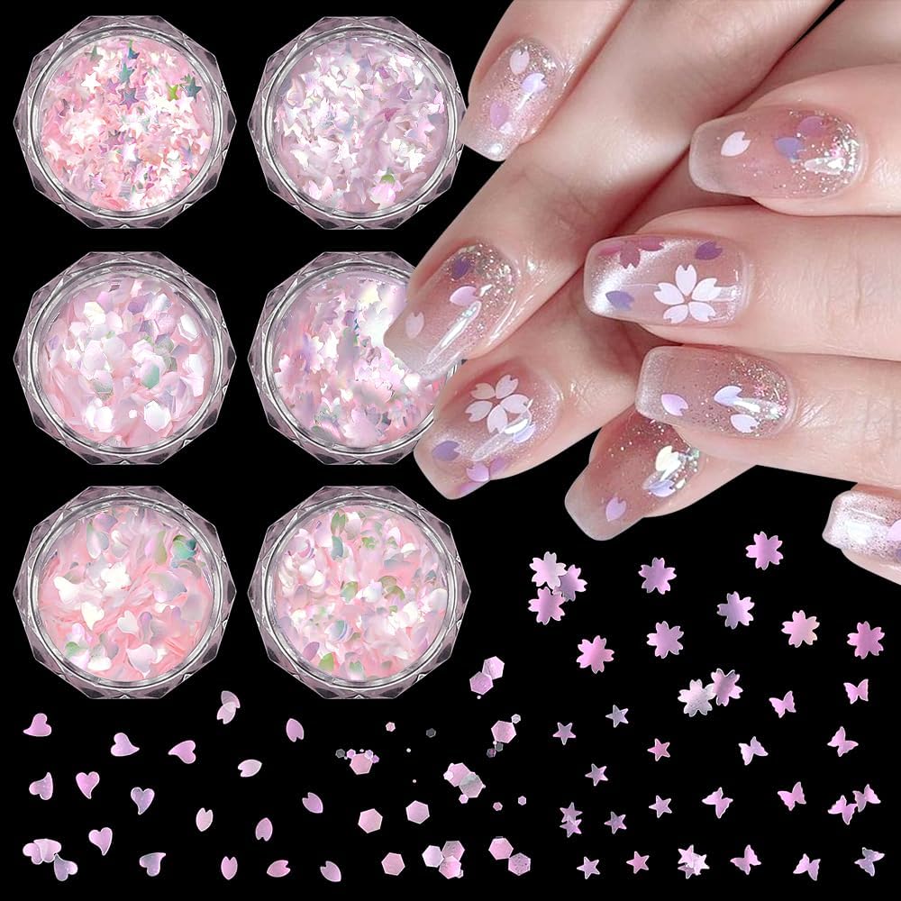 Pink Nail Sequins Holographic Glitter for Nails Design Shiny Nail Confetti Hexagon Cherry Blossom Petal Butterfly Heart Star Glitter Flakes for Nails Charms DIY Crafts Body Makeup Manicure Decorations