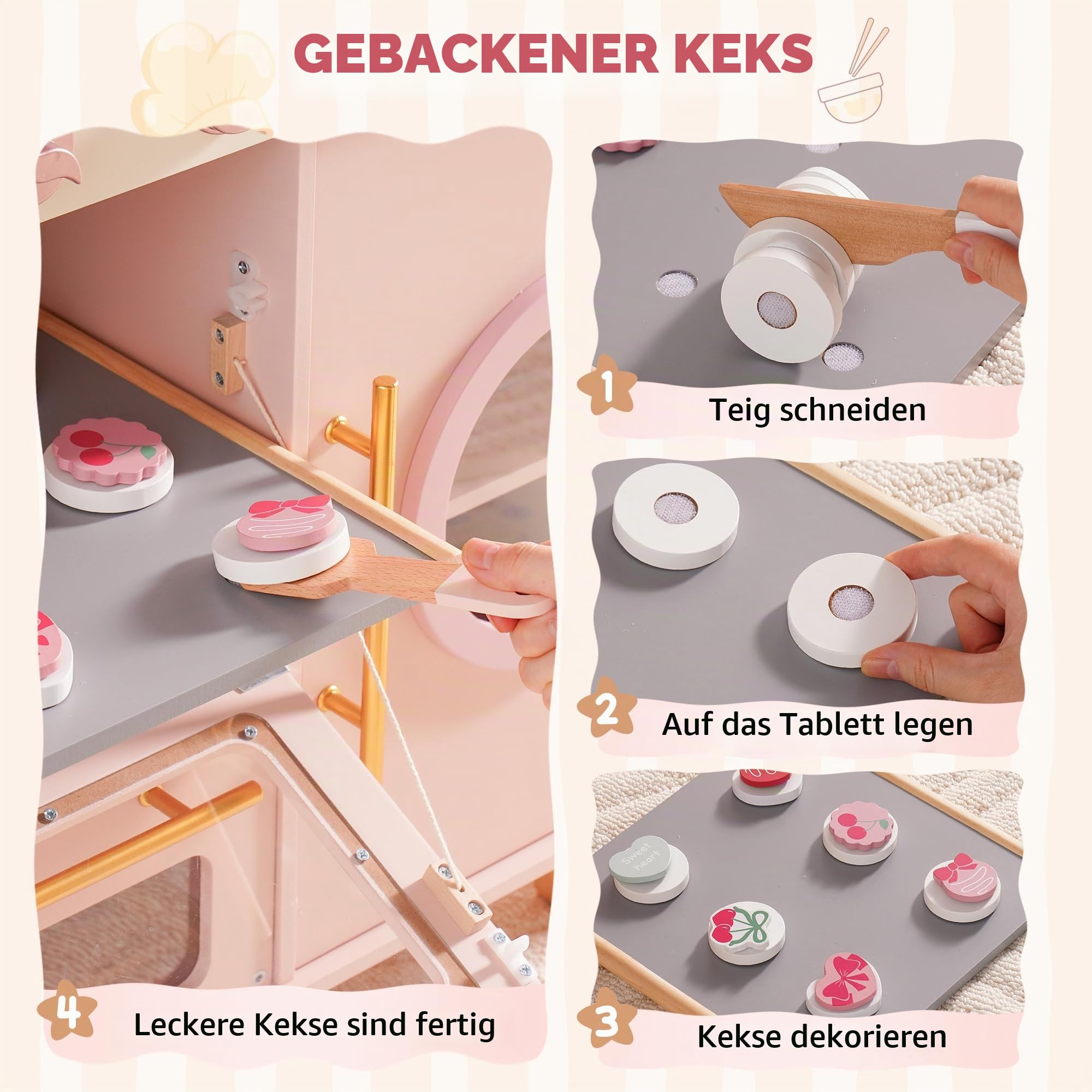 ROBUD Kinder Spielküche aus Holz, Kinder Spielzeugküche Spielset mit Brotmaschine, Ofen mit Kuchen, Geschirr Geschirrspüler, eingebauter Eisbereiter, Kleinkind Pretend Kochset für Jungen und Mädchen